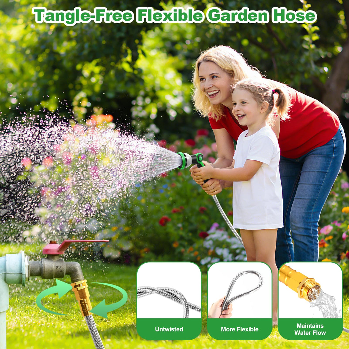 Toolasin Garden Hose 100FT, Flexible Stainless Steel Water Hose with 10-Function Nozzle, No-Kink, Leak-Proof, Wear-Resistant, 3/4 GHT, Easy to Use and Store, Ideal for Garden, Yard, Outdoor