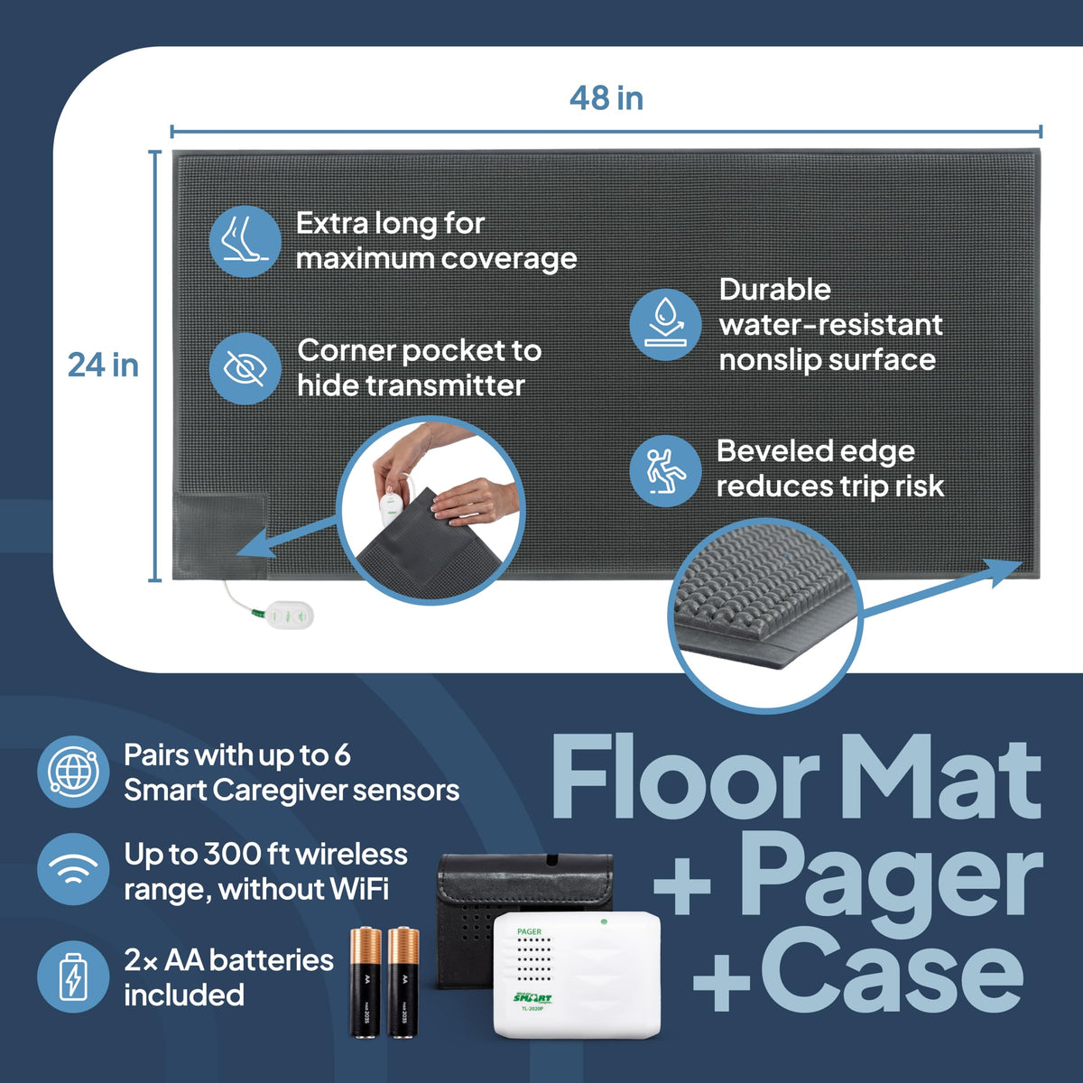 Smart Caregiver Floor Mat Alarm and Pager System - Includes Wireless Pager That Alerts When Someone Steps on The Durable 24in x 48in Floor Mat Sensor