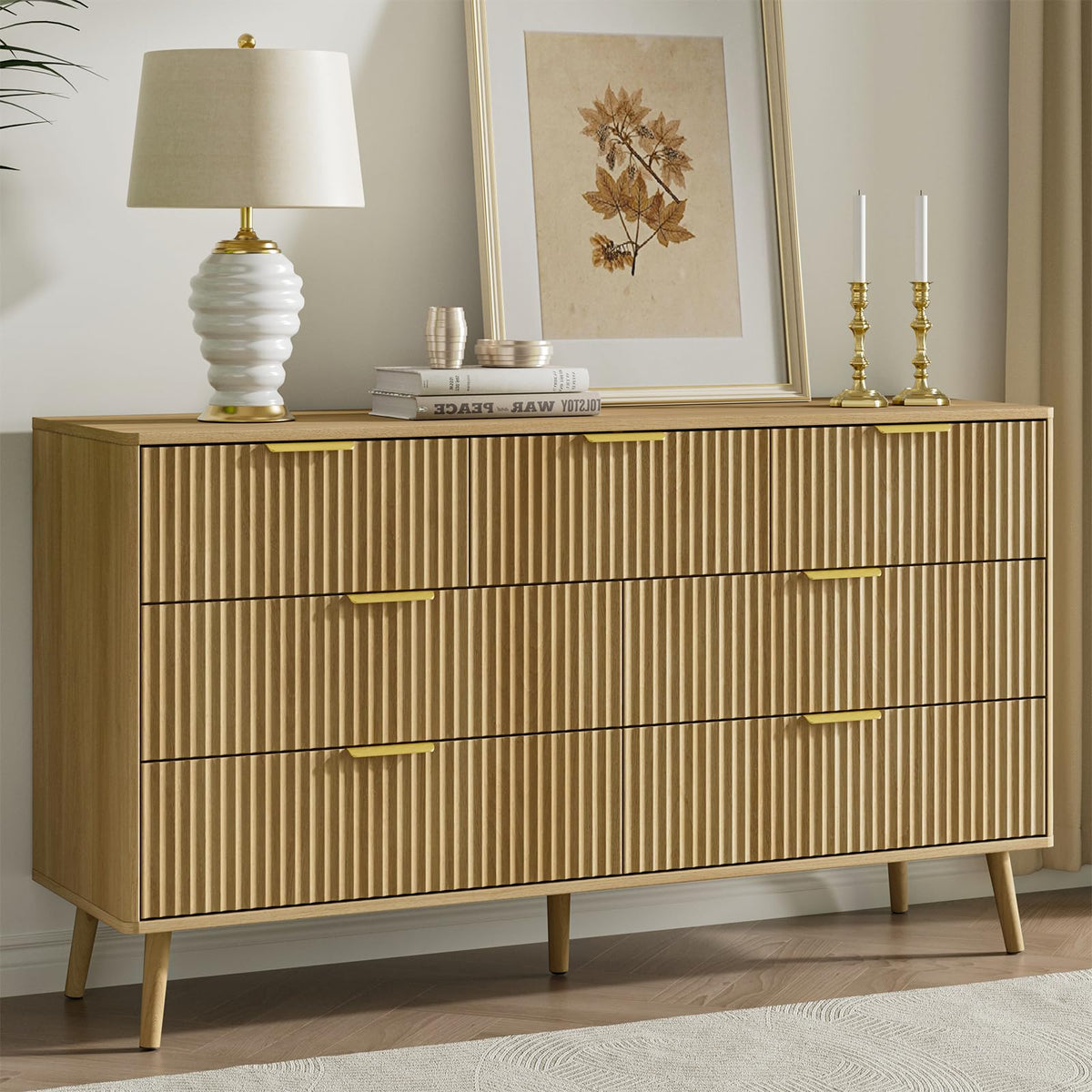 LYNSOM 55" Wide Fluted Dresser for Bedroom with 7 Drawer, Modern Chest of Drawers with Curved Profile Design and Metal Handles, Wood Dresser TV Stand & Storage Organizer for Living Room, Oak