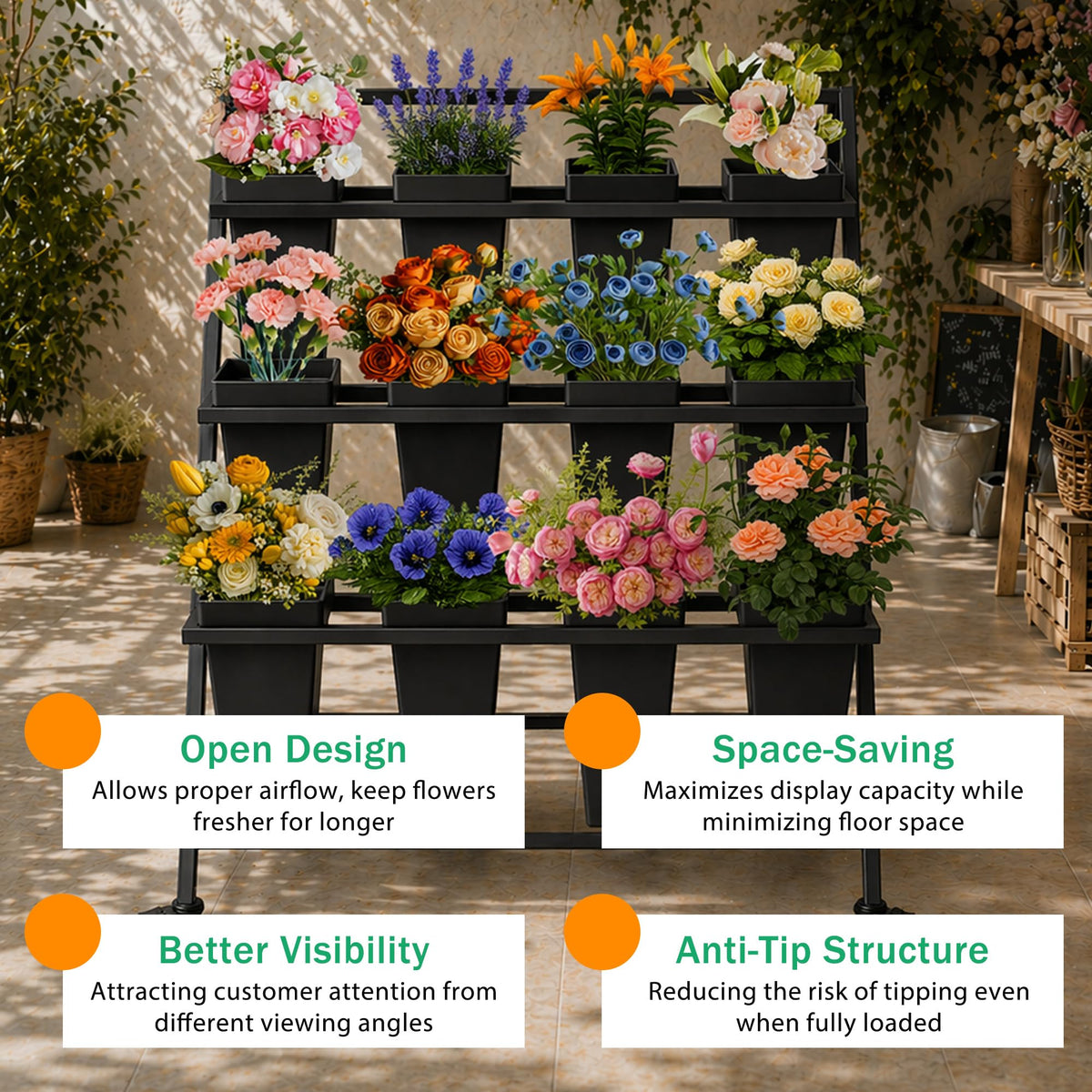 PROLEE Flower Stand with 12 Buckets, Flower Display Stand with Wheels, Flower Cart, Moving Florist Bouquet Shelf, Triangular, Black