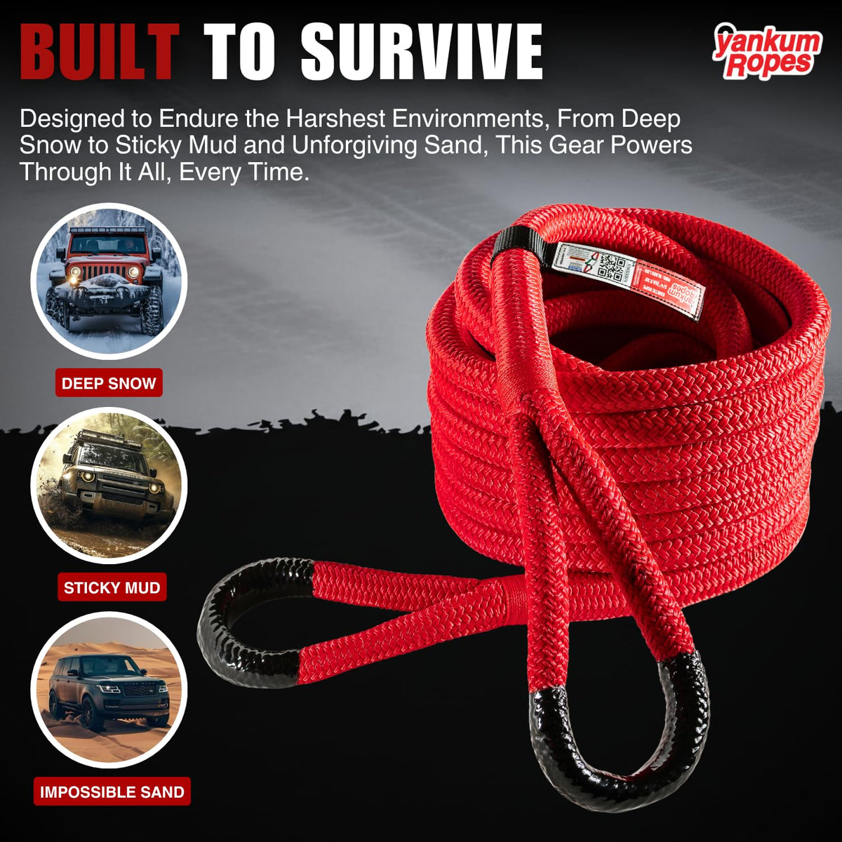 Yankum Kinetic Recovery Rope - Heavy Duty 3/4" x 30' Tow Rope, Off-Road & Vehicle Recovery Kit, Kinetic Energy Snatch Strap, Soft Shackles for 4x4, Jeep, and Trucks, Made in USA – Rubber Boa Series