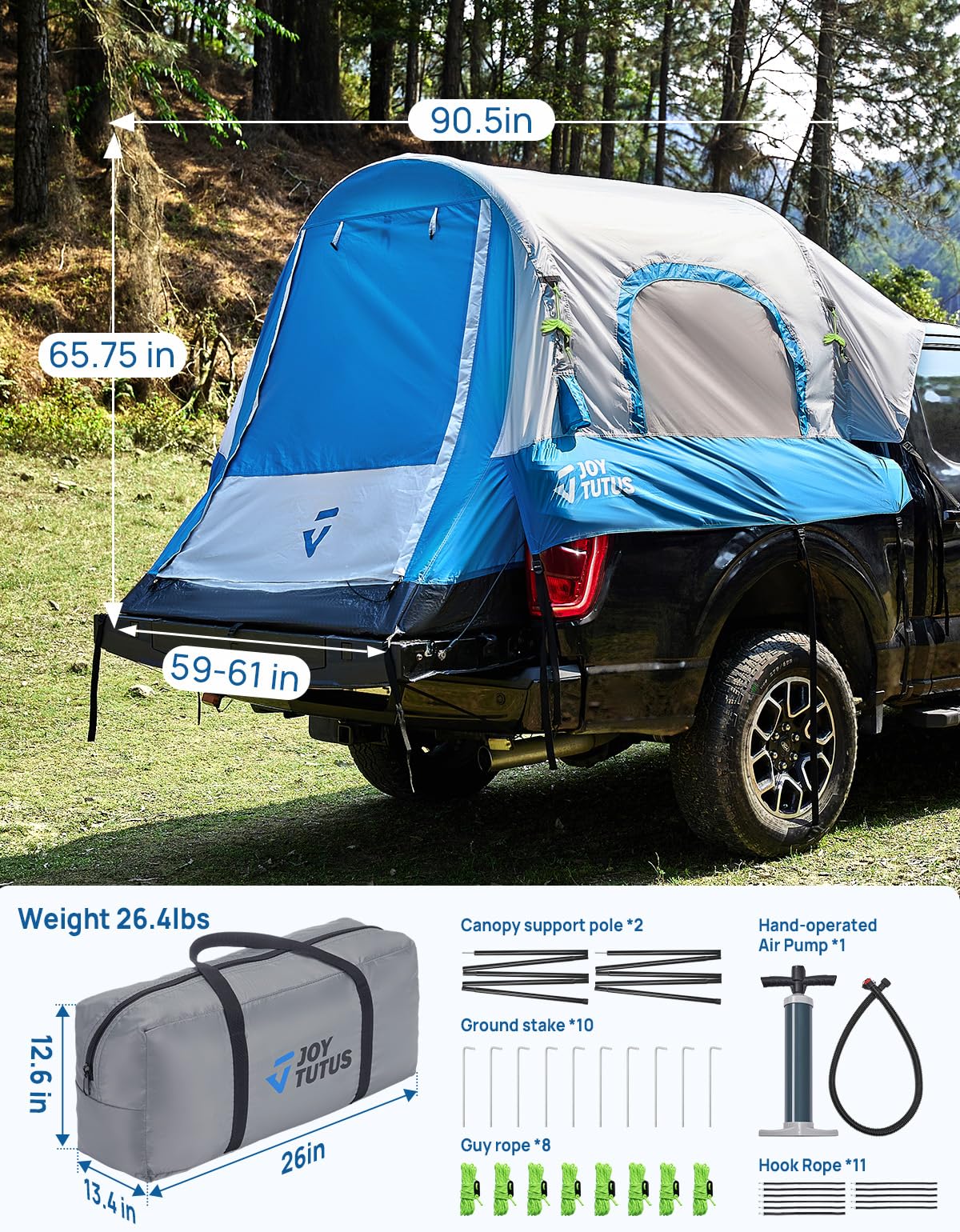 JOYTUTUS Inflatable Truck Bed Tent 5.5FT with Awning, Includes Air Pump for Quick 30 S Setup, Dual-use Pickup or Camping Tent for 2 Person, Waterproof Roof Shade and 3 Windows, Gray Blue