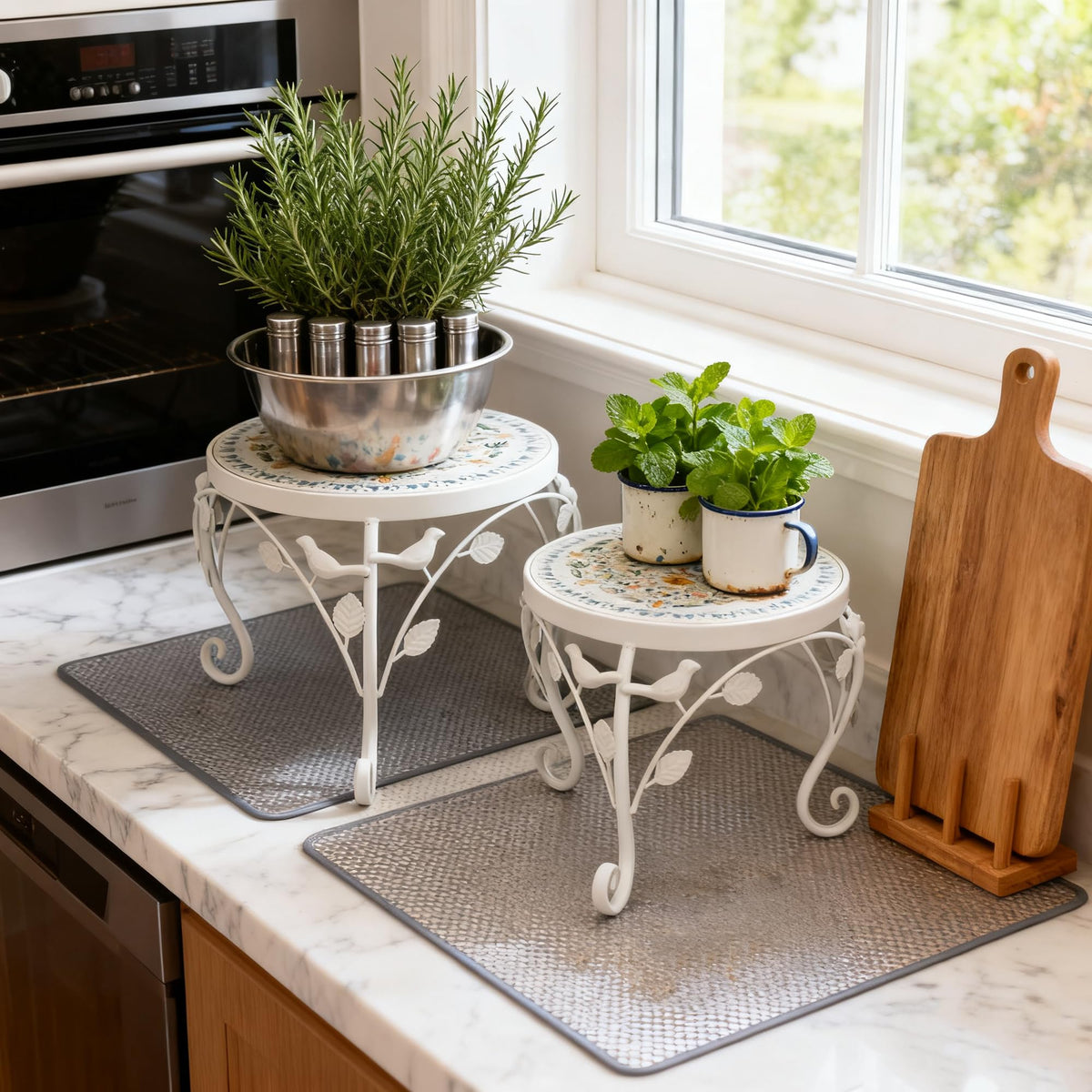 Rustic Metal Plant Stand Set of 2 Indoor & Outdoor Round Ceramic Top Mosaic Planter Pot Stand Low Heavy Duty Flower Holder Rack for Garden Patio Living Room Farmhouse Accessory Decor Gift White Flower Bird