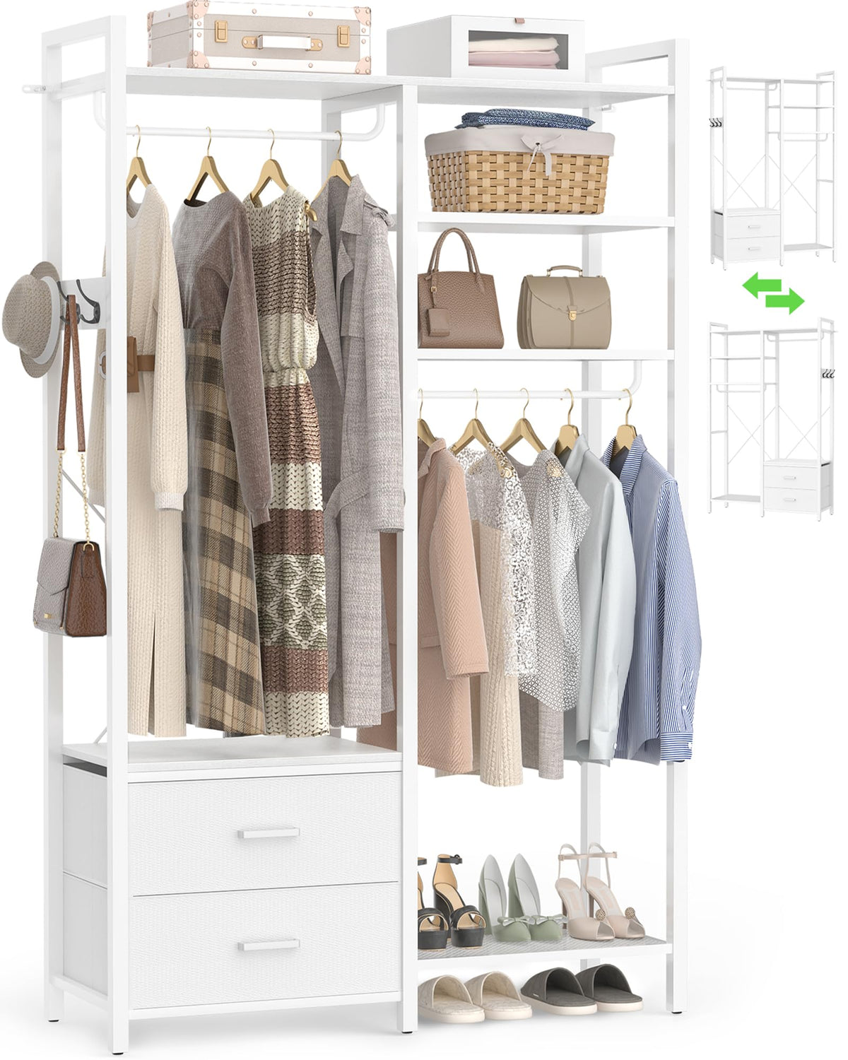 78.7'' Clothes Rack for Hanging Clothes - Reversible Clothing Rack with 2 Drawers, Heavy Duty Garment Racks with Shelves, 6 Tiers Freestanding Portable Closet Wardrobe System with Hanging Hooks, White