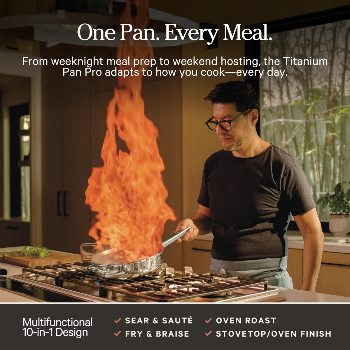 Our Place Titanium Always Pan Pro | 10.6" PFAS-Free Nonstick Frying Pan with Spatula | Chef-Grade Tri-Ply Stainless Steel & Aluminum Build | Induction & Oven-Safe up to 750°F | Gold
