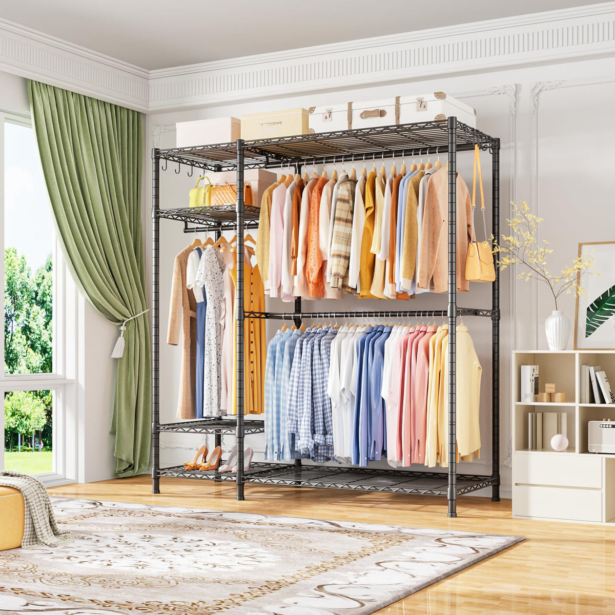 Ulif F7 Garment Rack, Heavy Duty Clothes Rack, Clothing Racks for Hanging Clothes, 6-Tiers Freestanding Portable Closet Storage Rack 58'' W × 14.6'' D × 76.6'' H, Max Load 800 Lbs, Black