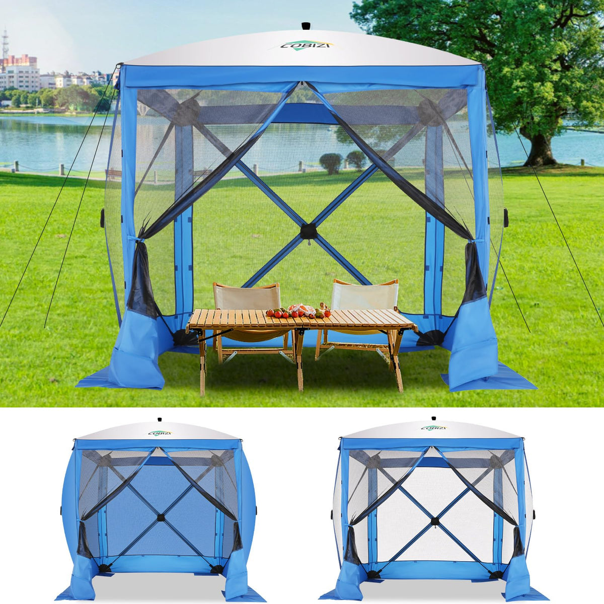 COBIZI 6x6 Pop up Gazebo Tent on Clearance, Ez up Waterproof Screen Tent Screen House with 3 sidewalls,Portable Outdoor Canopy with Carry Bag & Ground Stakes for Camping,Garden and Picnics, Blue