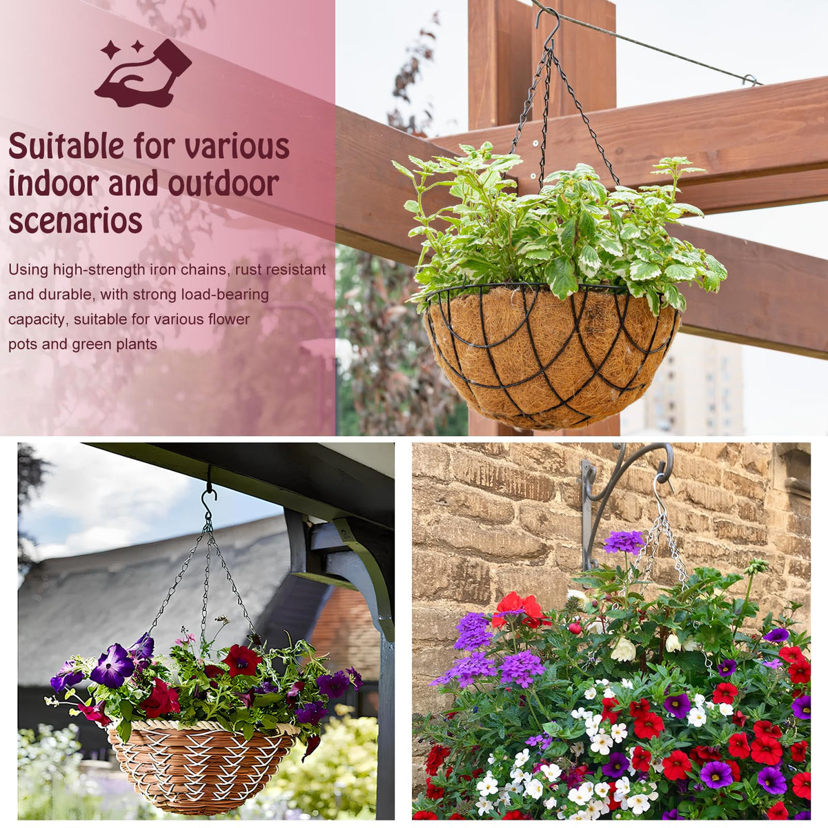 suiwotin 3pcs 16 Inch Hanging Basket Chains 3 Point, Black Chain with Hooks for Hanging Plants, Flower Pot