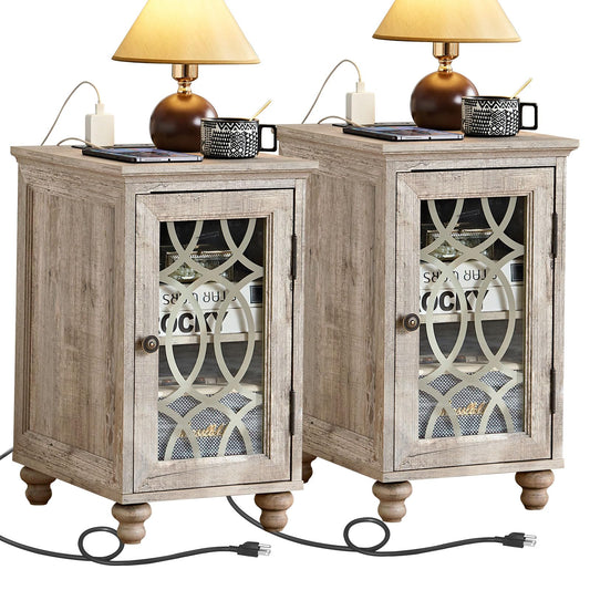Joaxswe Narrow Side Table with Charging Station Set of 2, Night Stand with Glass Door,Bedside End Tables with Adjustable Shelf Storage Cabinet,Wood Nightstand for Small Spaces Living Room Bedroom