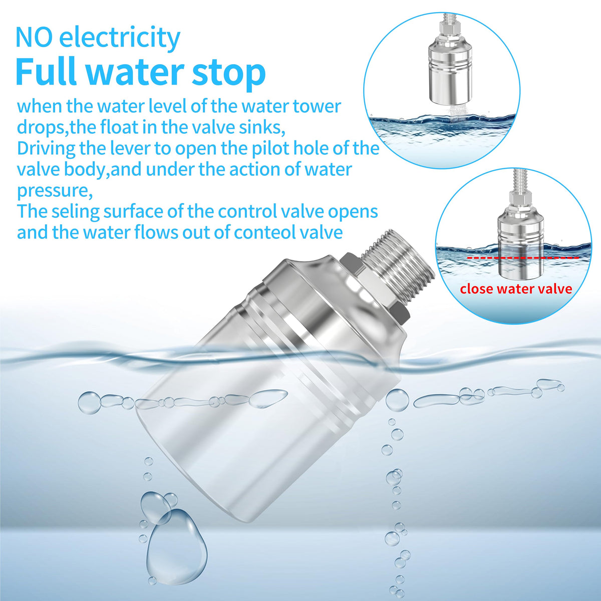 1/2" to 3/4" 1" Water Mini Float Valve,304 Stainless Steel Fully Automatic Level Controller Valve for Wate Tank, Livestock Troughs, Pool, Distiller