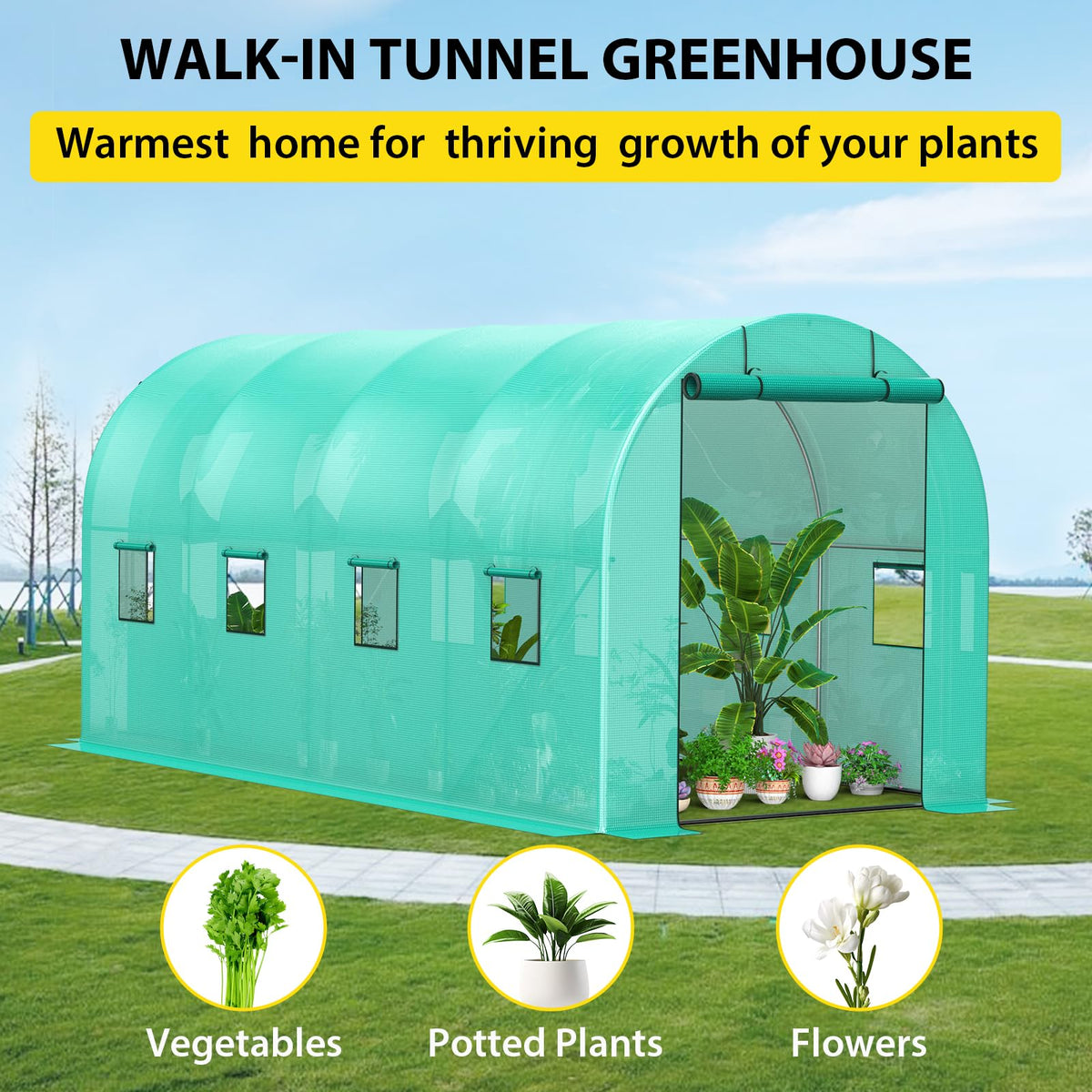 ChicCoutured 15x7x7 ft Walk-in Tunnel Greenhouse with Galvanized Steel Frame & 8 Mesh Windows, Weather-Resistant Outdoor Plant Hot House for Vegetables, Green PE Cover & 2 Roll-Up Zipper Doors