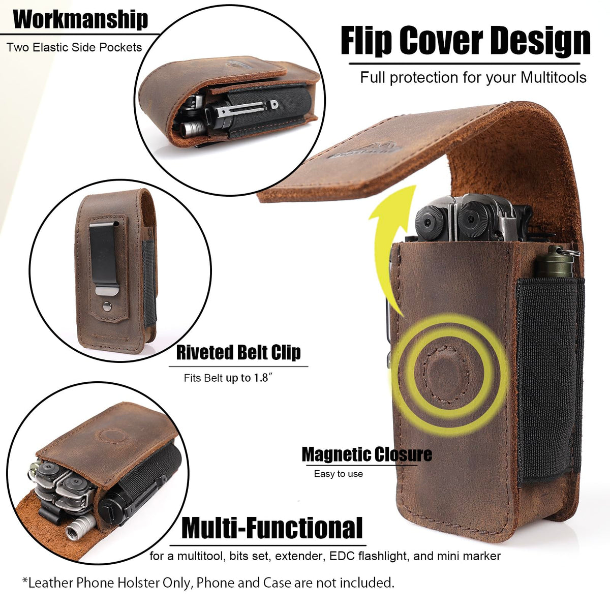 Topstache Multitool Sheath for Men - Belt Leather Multitool Holster - EDC Belt Organizer for Leatherman, Gerber - Magnetic Closure Multitool Pouch Fits Folding Tool, Darkbrown
