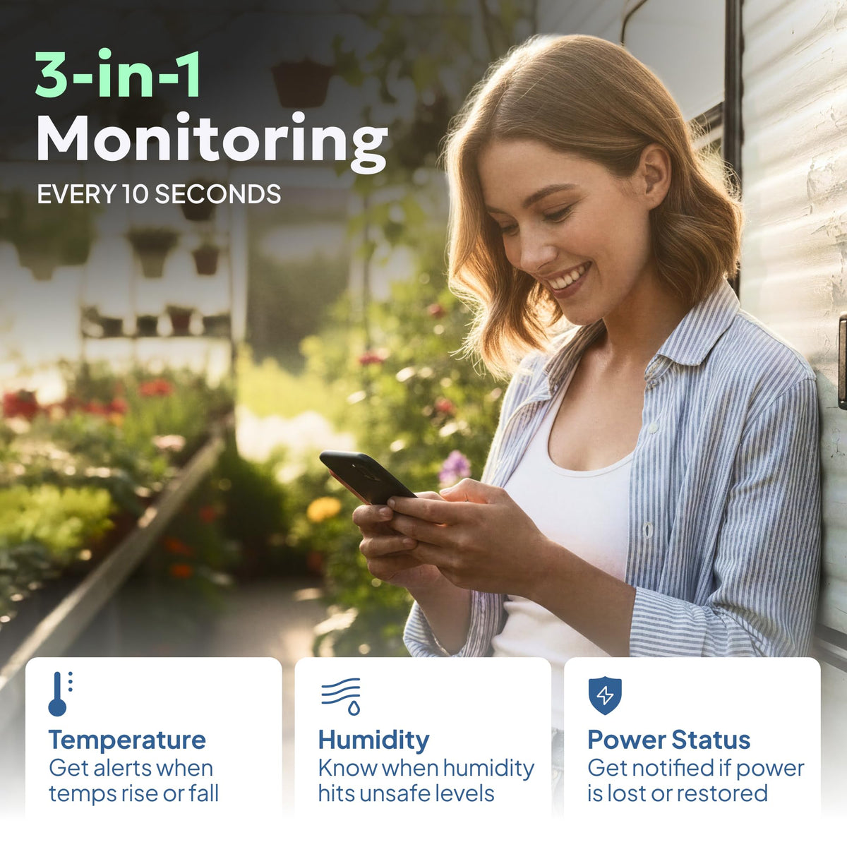 Necto Cellular Temperature Monitor - Remote Power Failure Alarm & Humidity Sensor with Unlimited Alerts. Temp Monitoring System for RV Pet Safety, Vacation Home, Server Room. No Fees or WiFi Required