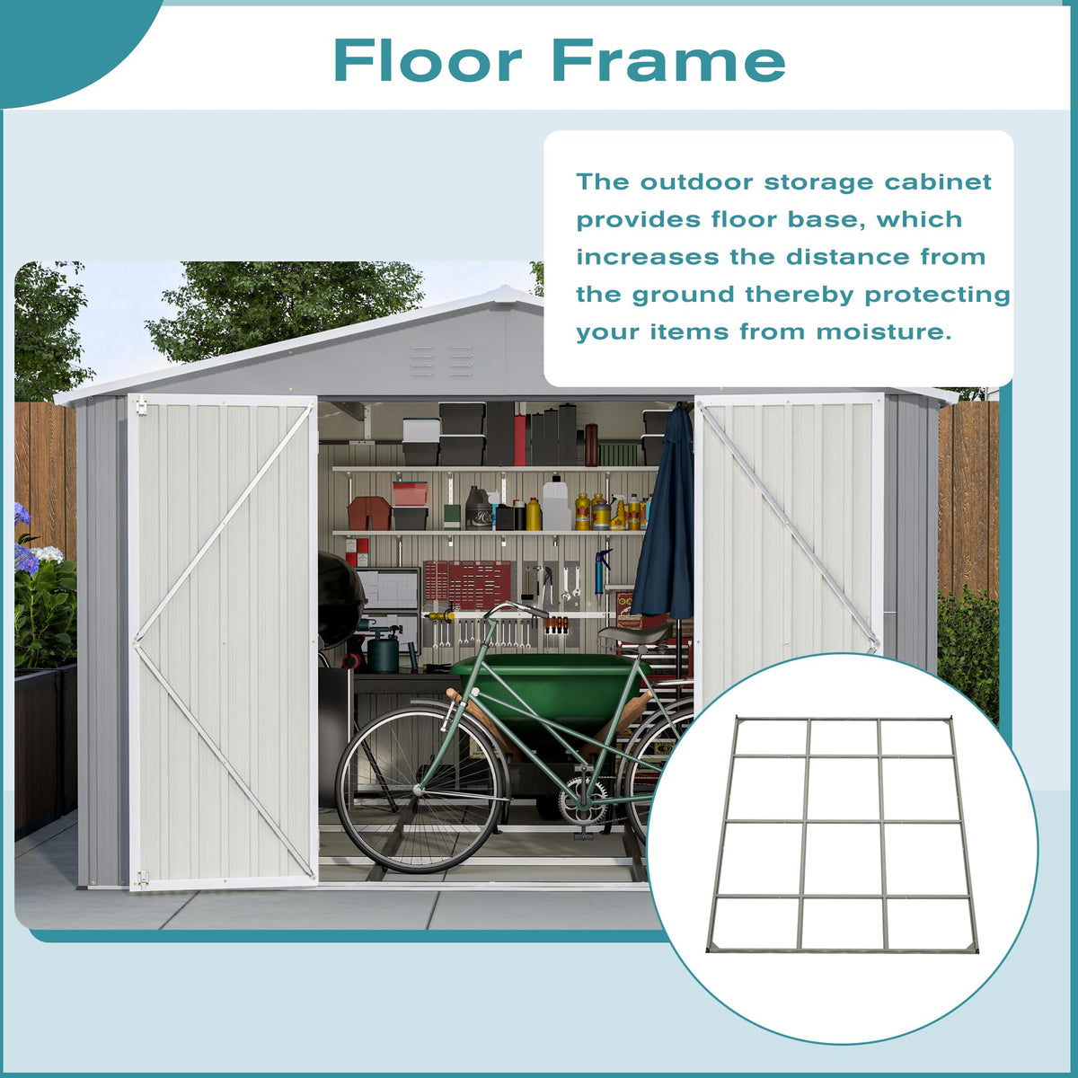KEIKI 10x12 FT Metal Storage Shed with Reinforced Floor Frame, Outdoor Garden Tool Shed with Lockable Double Doors, Ventilated Galvanized Steel Utility Storage House for Backyard Patio Lawn Equipment