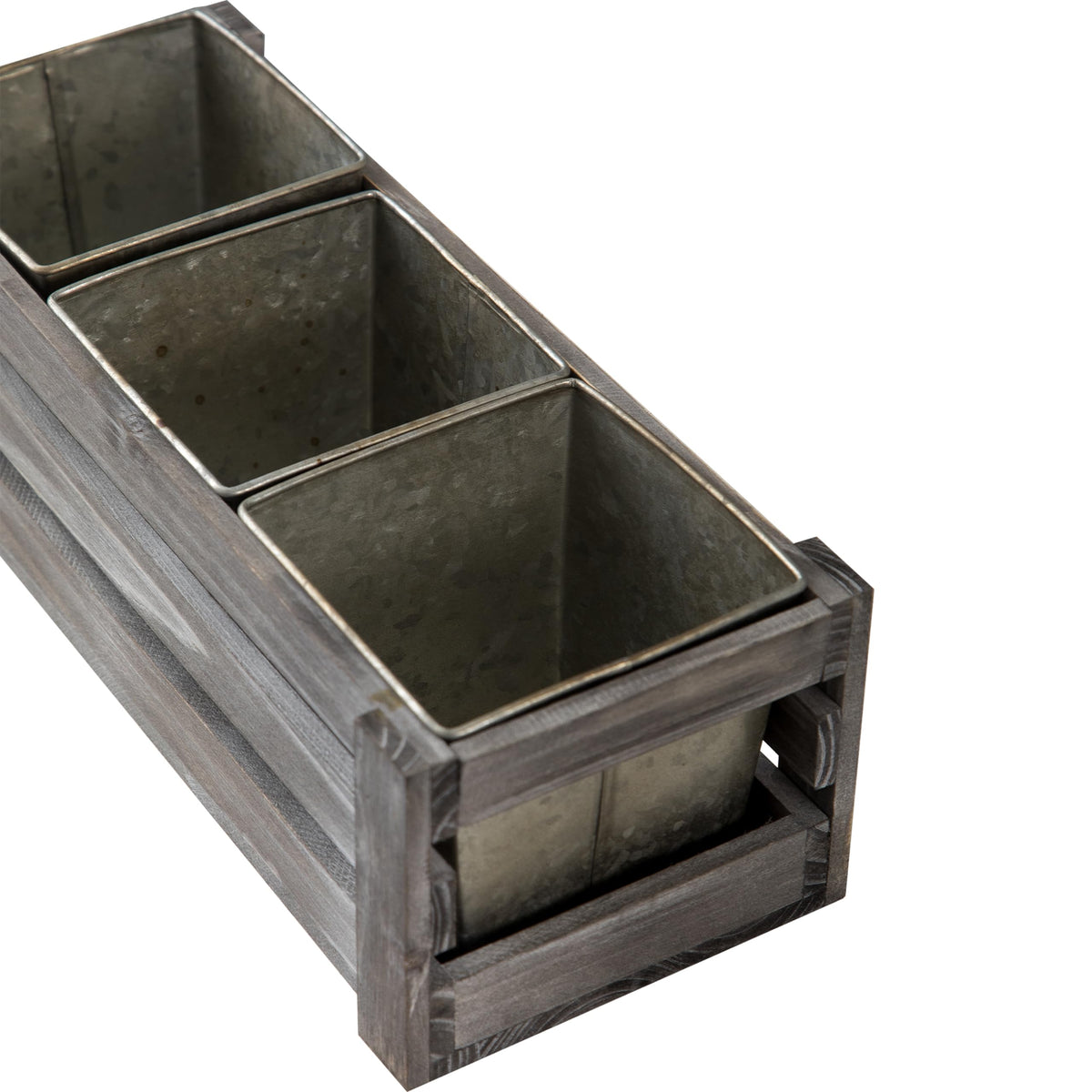 SOFE Rustic Wood Planer Box with 3 Galvanized Planter Pot, Indoor Windowsill Herb Garden Organizer, Plant Containers for Flower Succulent, Distressed Gray Finish