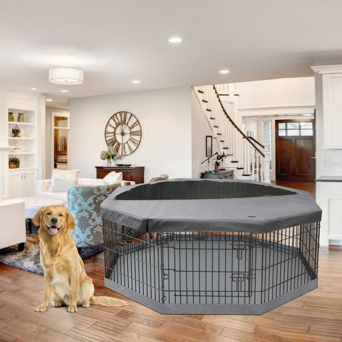 PETIME Foldable Metal Dog Exercise Pen/Pet Puppy Playpen Kennels Yard Fence Indoor/Outdoor 8 Panel 24" W with Top Cover and Bottom Pad (Playpen+Bottom+Top Cover, 8 Panels 24" H)