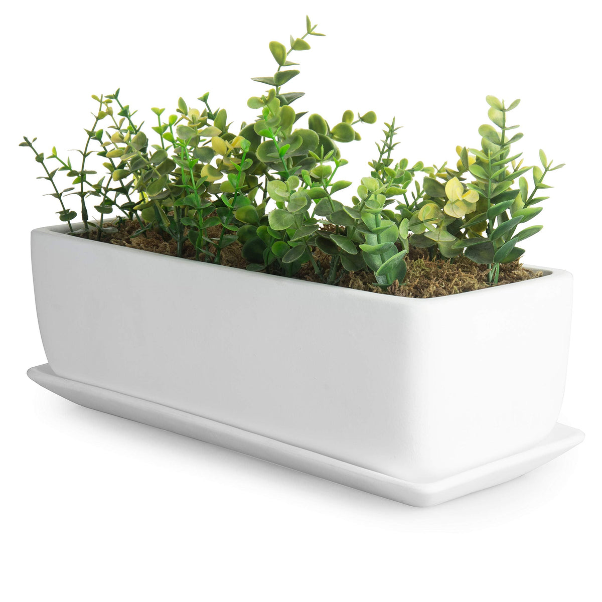 MyGift 14 Inch Ceramic Indoor Plant Pot with Drainage Hole, Rectangular Succulent Planter Window Box with Removable Saucer, Unglazed White