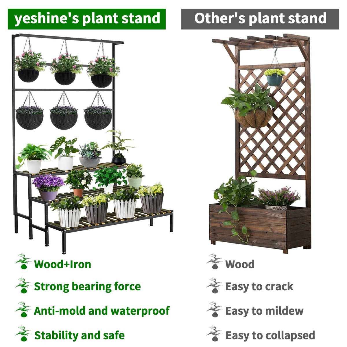 Large Plant Stand Indoor Outdoor, 3 Tier Heavy Duty Hanging Plant Stand with Bar, 60 Inch Tall Metal & Wood Ladder Shape Plant Shelf, Black Plant Display Rack Plant Shelves for Garden Patio Balcony