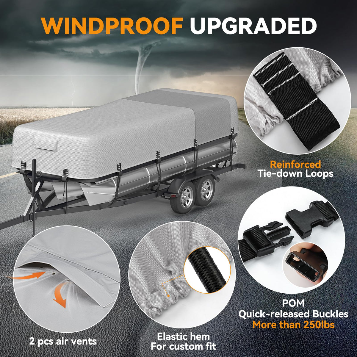 5-Ply 1600D+1200D Pontoon Boat Cover - Fully Waterproof & Ultra-Durable Tear-Resistant, with Large Storage Bag & Reinforced Windproof Straps (Fits 21'-24' Length, Up to 102" Beam Width)