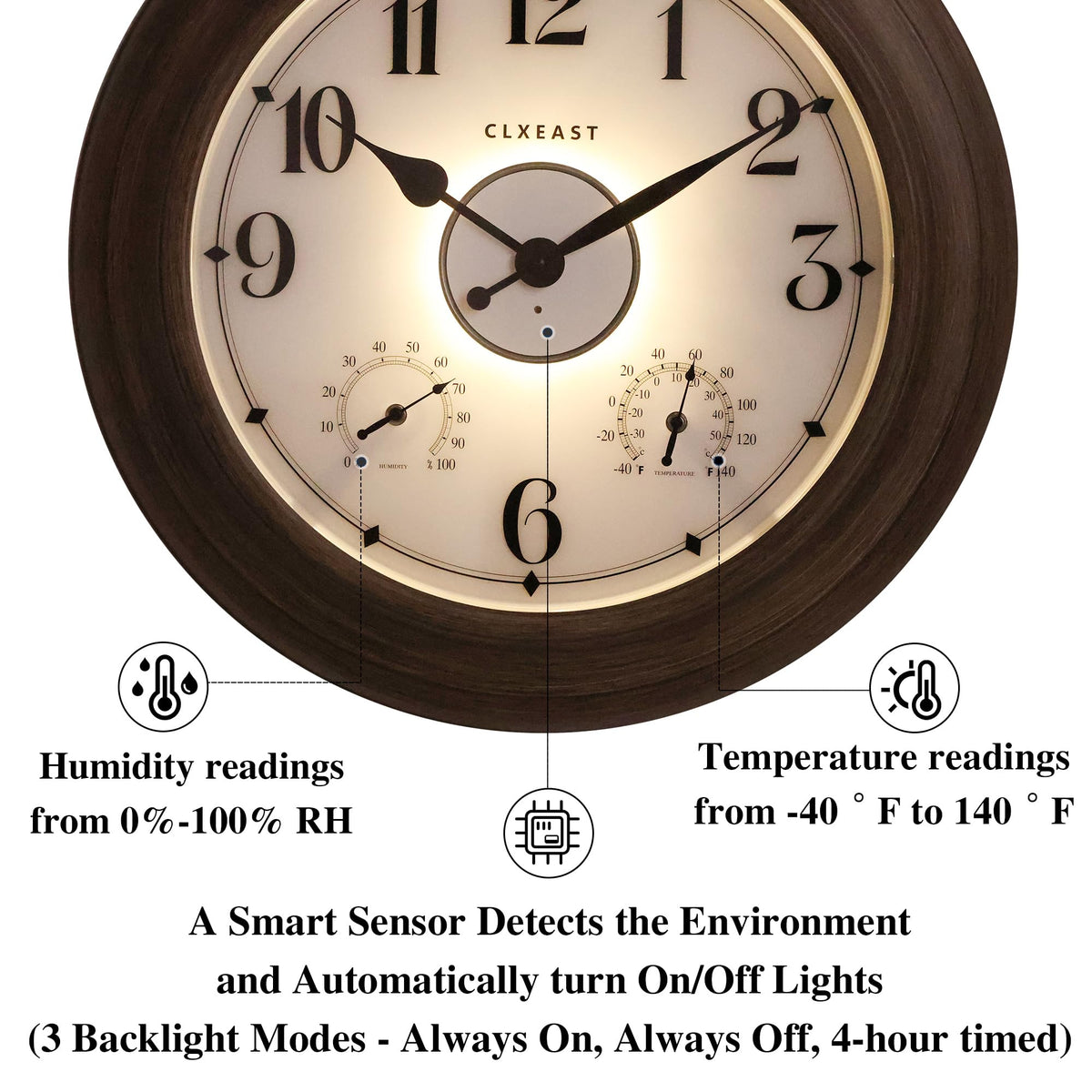 CLXEAST 24 Inch LED Illuminated Outdoor Clocks Waterproof with Thermometer & Hygrometer, Large Lighted Metal Wall Clock with Smart Night Light Sensor,Grey Oak Finish,House Warming Gifts New Home