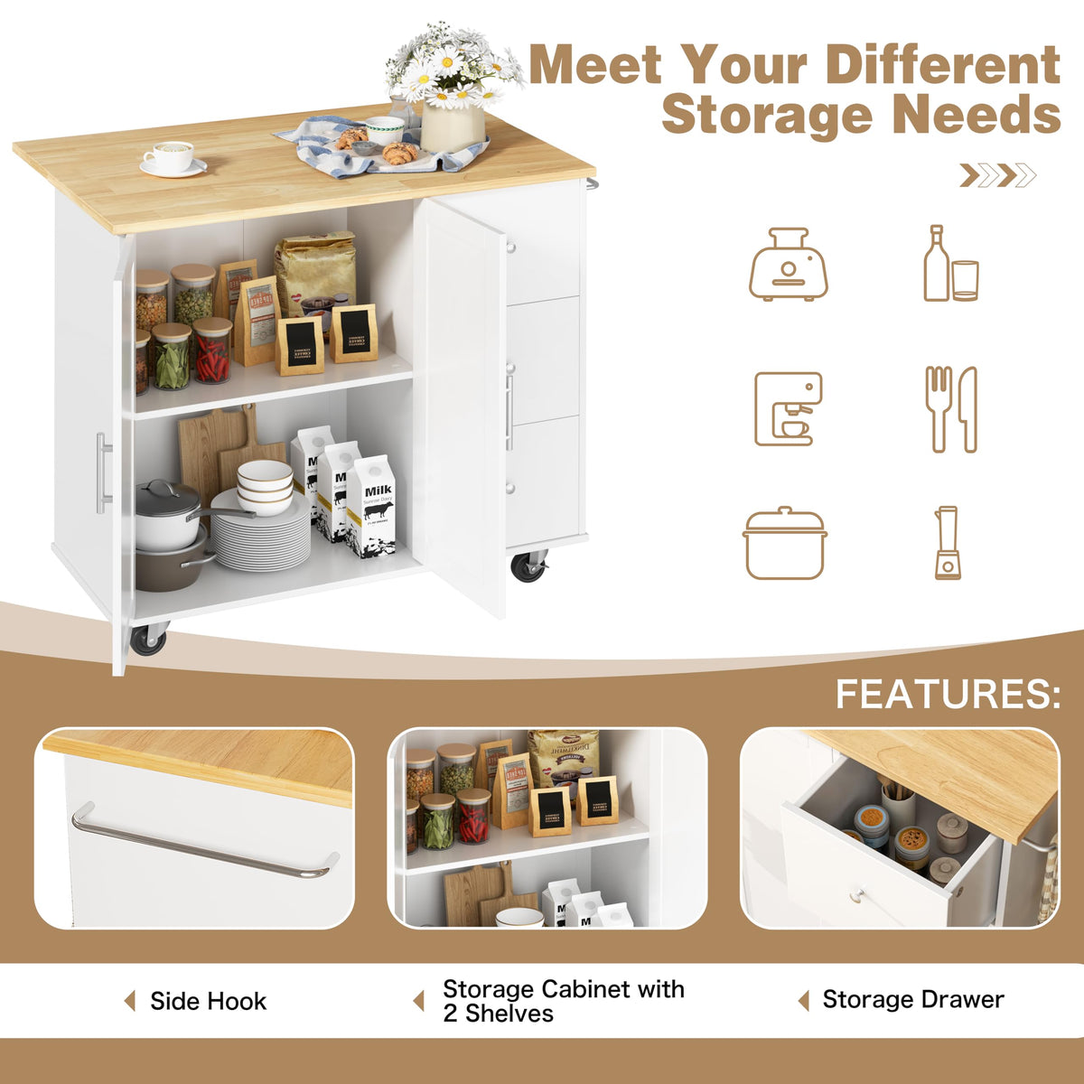 Shintenchi Kitchen Island with Folding Drop Leaf, Rolling Island Table with Storage, Kitchen Cabinet on Wheels with Seating Area for Kitchen, Bar Cart with Cabinet, White