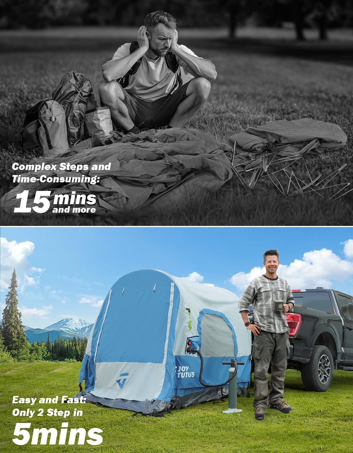 JOYTUTUS Inflatable Truck Bed Tent 5.5FT with Awning, Includes Air Pump for Quick 30 S Setup, Dual-use Pickup or Camping Tent for 2 Person, Waterproof Roof Shade and 3 Windows, Gray Blue