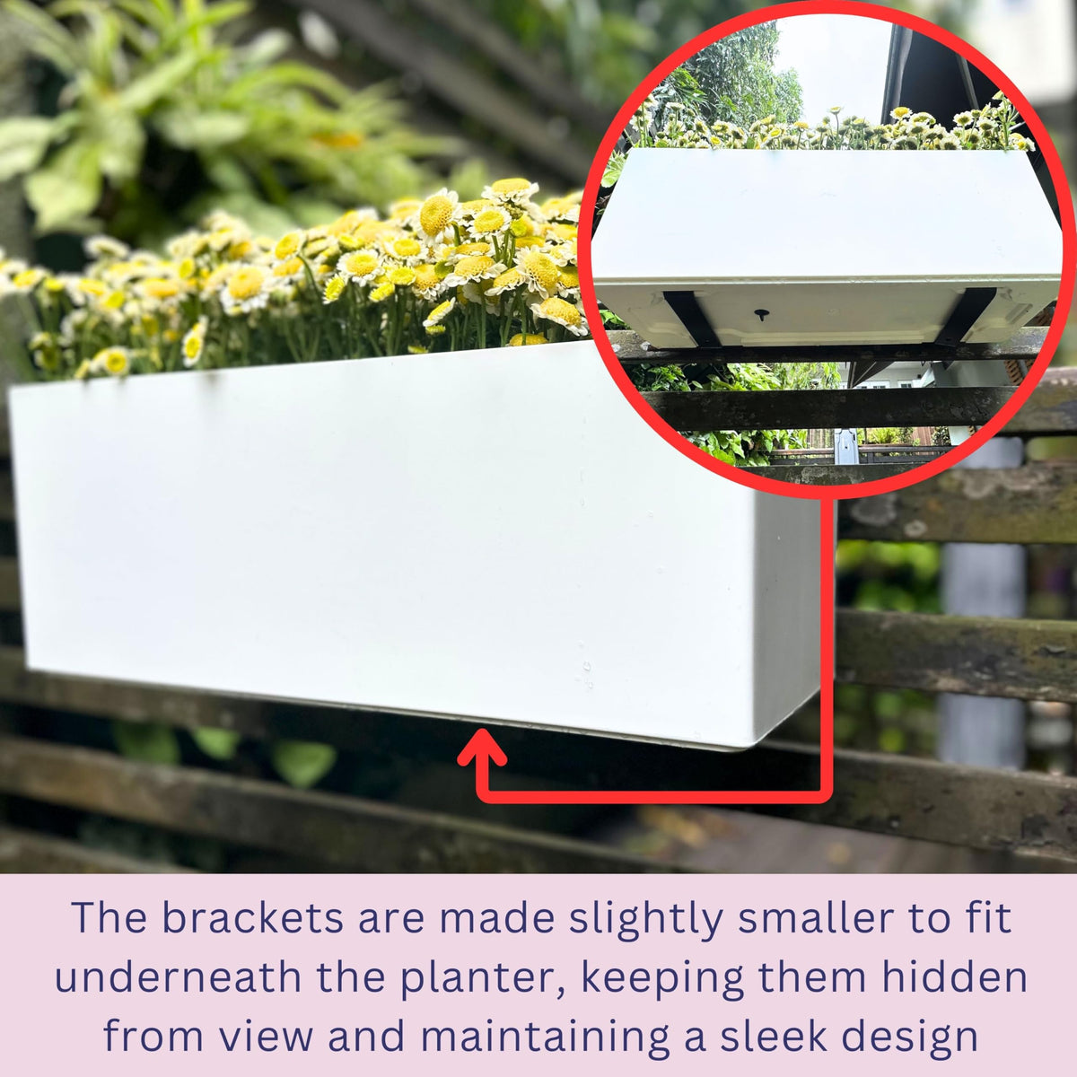 LaLaGreen Rail Planter for Balcony Outdoor (20 Inch, 2 Pack) Large White Self Watering Deck Railing Planters with Brackets, Rectangular Plastic Fence Flower Box Designer Choice