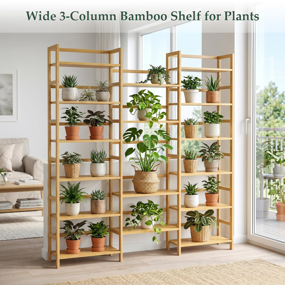 Homykic Bamboo Bookshelf, 71” Tall Triple Wide Bookcase with 17 Open Storage Shelves, 6-Tier Etagere with Back Rails, Large Display Shelf for Books, Plants, Home Office, Living Room, Max Load 748LBS