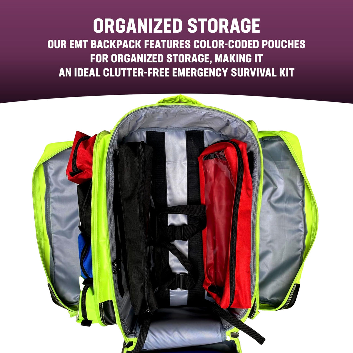 Kemp USA Ultimate EMS Backpack Neon Green Emergency Response Medical Bag Fluid Resistant Tarpaulin EMT Storage Fits BLS ALS Equipment D Tank Oxygen Cylinder Professional Field Use