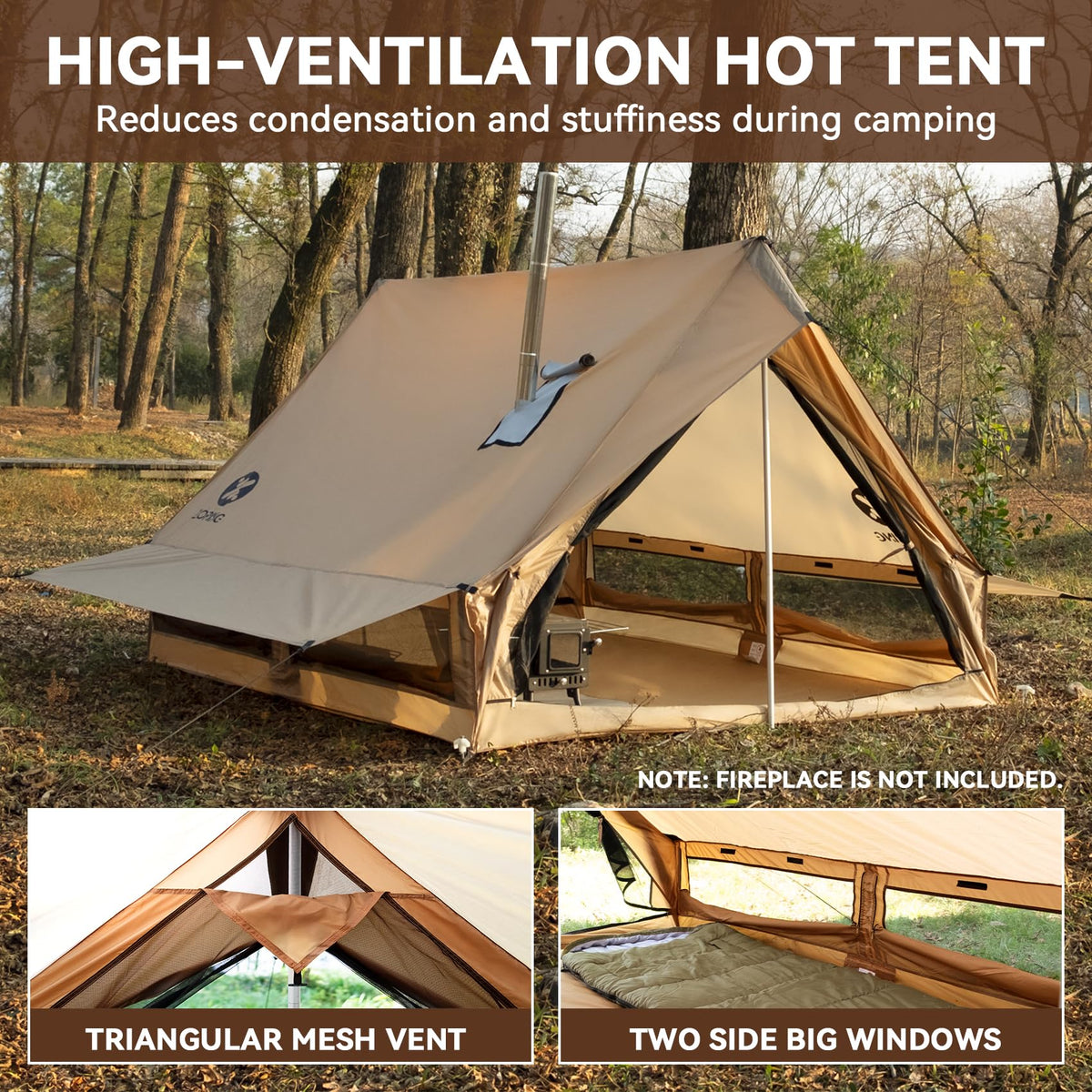 Zoring Hot Tent with Stove Jack - Waterproof & Windproof Cabin Winter Tent for Camping, 4 Season Tipi Wall Shelter with Two Poles, 2 Person Cold Weather Tent for Outdoor Hiking, Backpacking, Hunting