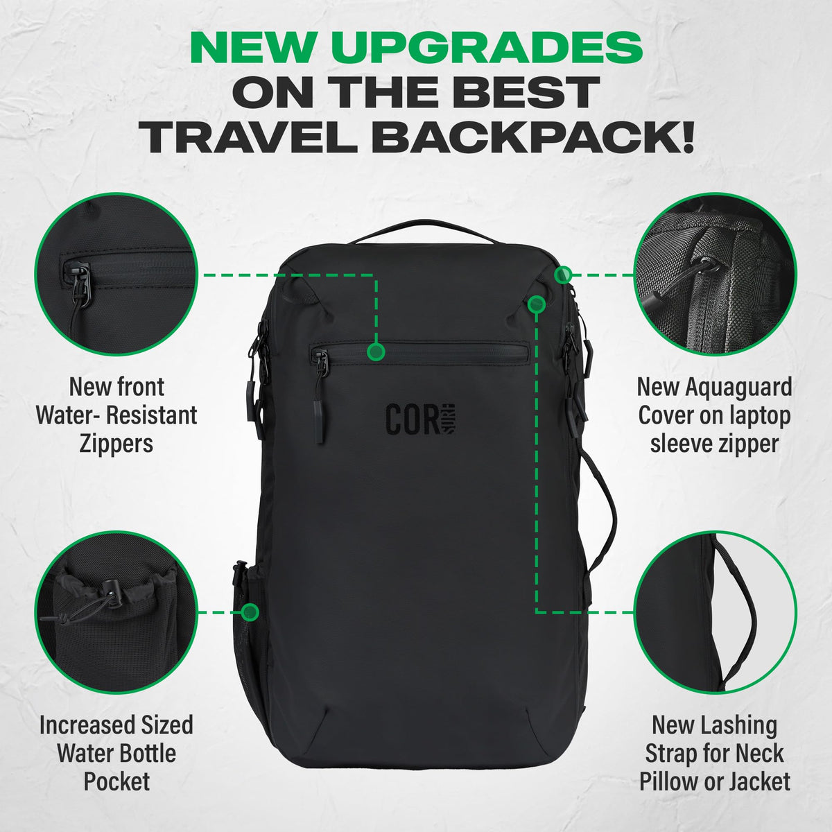 COR Surf Carry On Travel Backpack Bundle | Island Hopper Travel Backpack with Toiletry Bag and Compression Packing Cube Set (40L, Black)