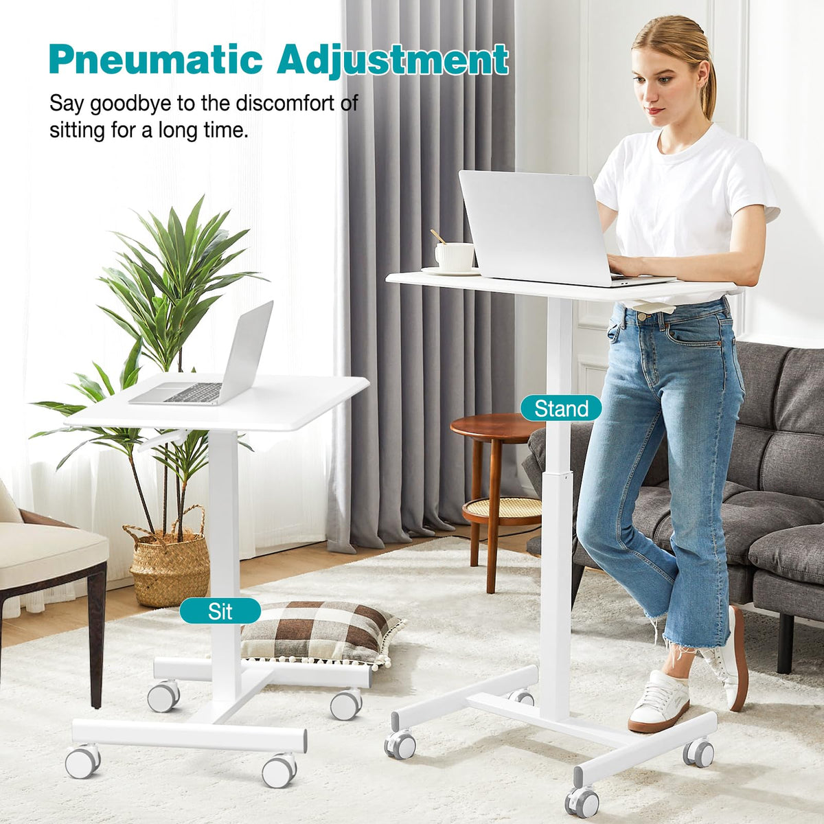 DUMOS Small Standing Desk Mobile Portable Rolling Laptop PC Table on Wheels Adjustable Height Computer Workstation for Home Office, 19 Inch, Modern White
