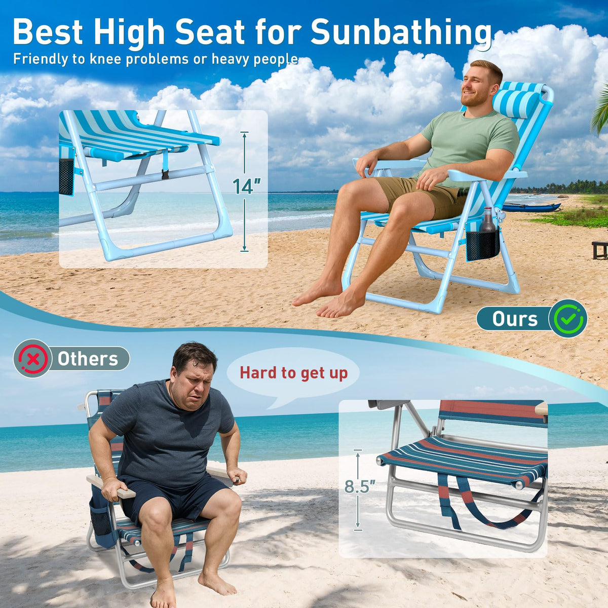Suteck Backpack Beach Chairs for Adults 2 Pack, 6-Position Folding Reclining Chair with Cooler Bag & Cup Holder, Lightweight Portable Beach Chair for Camping, Outdoor, Sand, Travel Use