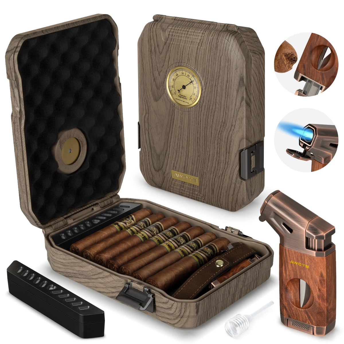 AWOTE Travel Cigar Humidor Case - Cedar Lined, V Cut Cutter, Portable Humidor with Humidifier & Hygrometer, Holds 7-9 Cigars, Includes Lighter - Gift Set