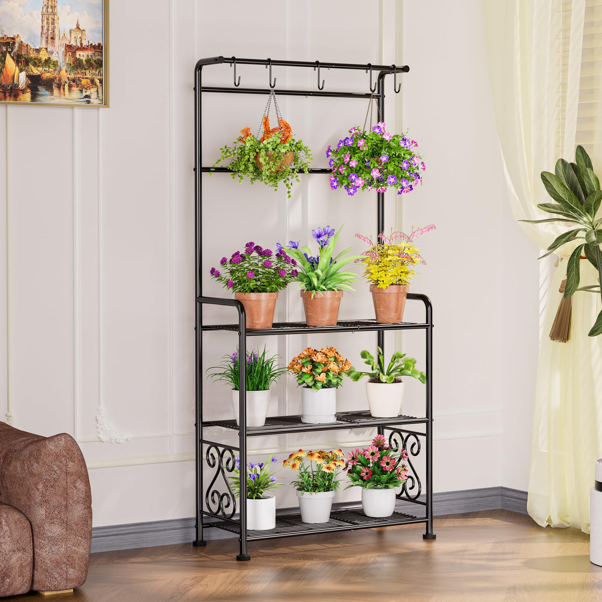 Plant Stand Indoor Outdoor Heavy Duty Metal - 56.4" Tall 3-Tier Shelf for Multiple Plants, Flowers, Rustproof Black Storage Rack for Patio, Balcony, Living Room, Garden, Includes Hooks&Adjustable Feet