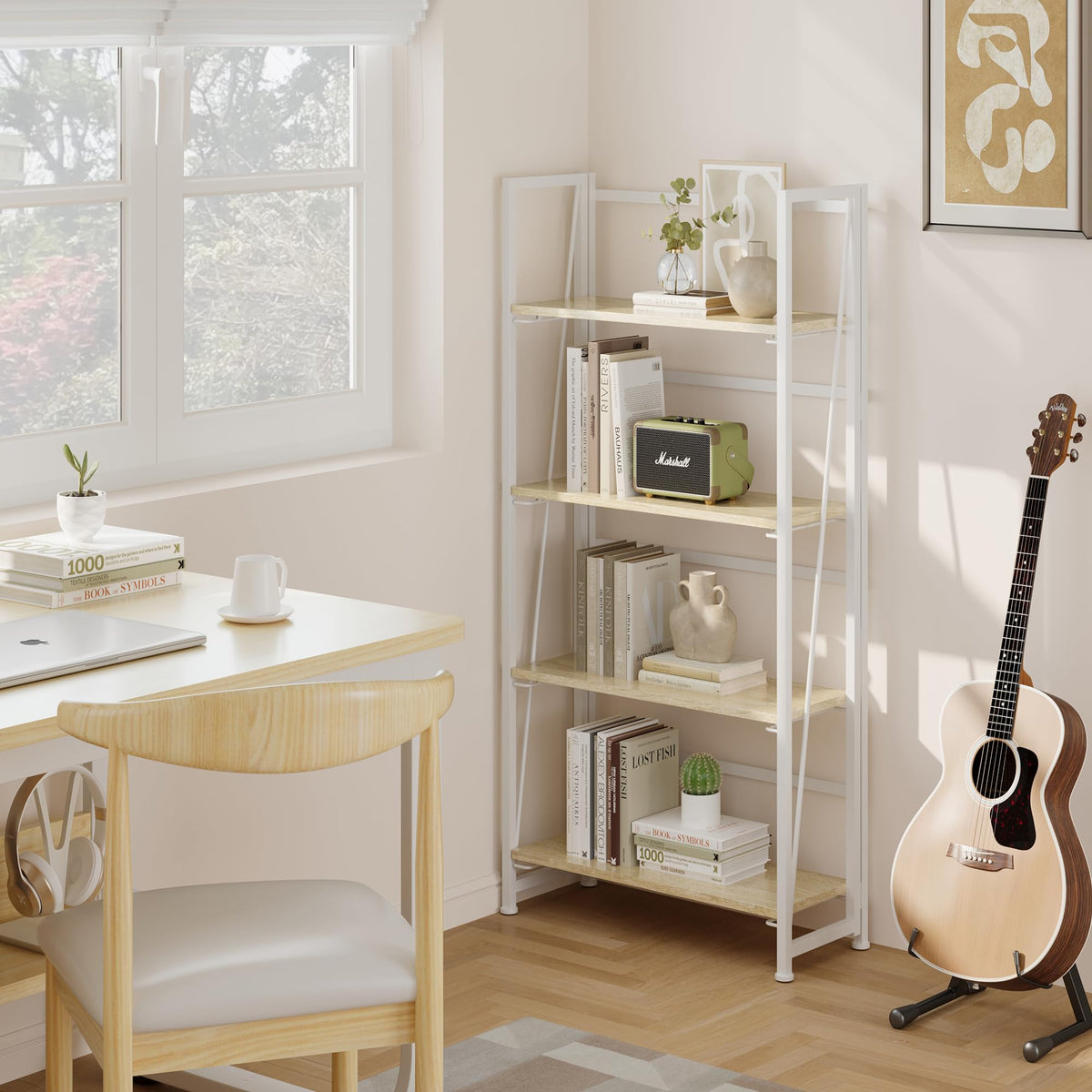 BHG Vintage Multifunctional Bookcase Folding Bookshelf, No-Assembly Plant Stand Storage Rack Shelves for Home Office (White, 4-Tier)
