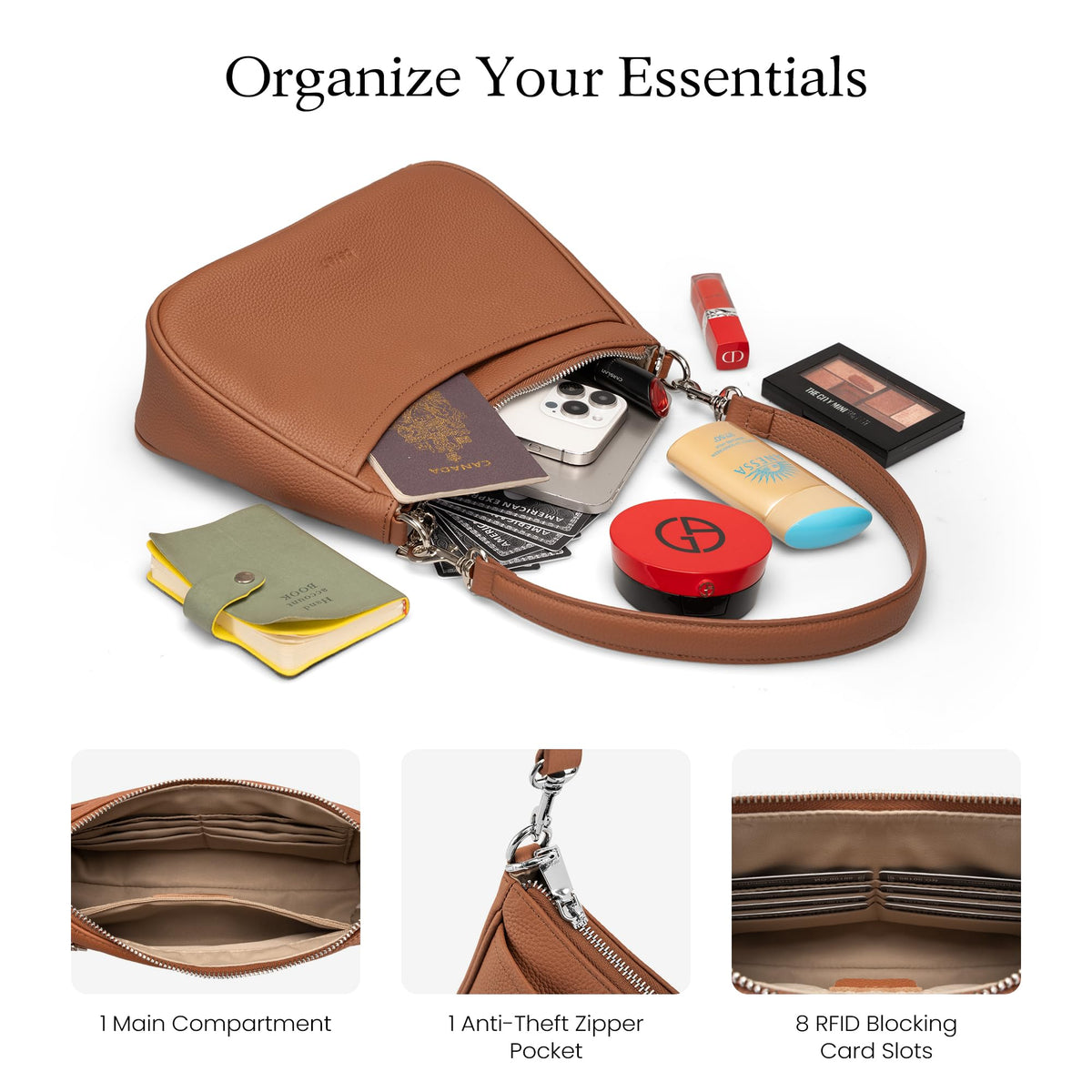 befen Genuine Leather Purse for Women Brown Shoulder Bag Anti Theft Crossbody Bag Soft Real Leather Hobo Crossbody with RFID Blocking Fashion Purse Desinger Women's Shoulder Handbags with 2 Straps