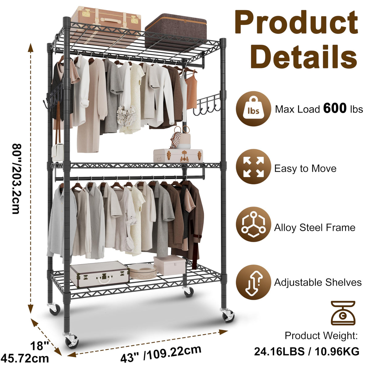 Whitmor 3 Tier Rolling Garment Rack, Heavy Duty Adjustable Metal Clothing Rack with Side Hooks, Double Rods & 360° Lockable Wheels, Max 600LBS for Hanging Clothes, 43" L x 18" W x 80" H, Black