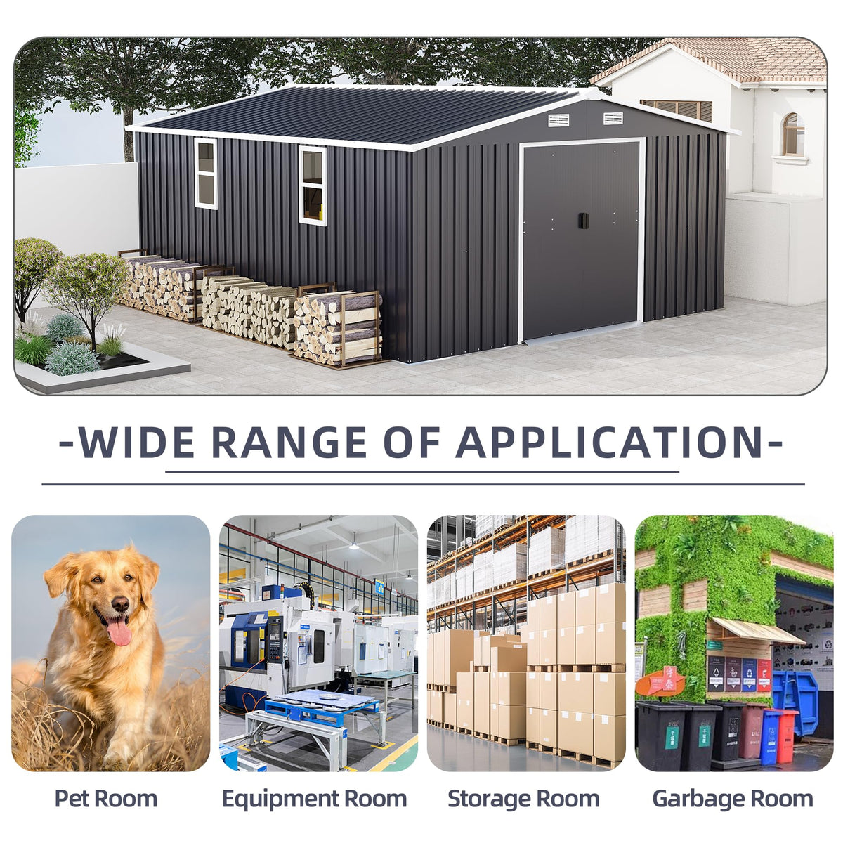 KEIKI 10' x 12' Metal Garden Storage Shed with Foundation Kit, Double Door Outdoor Tool Shed with 2 Windows, Color Steel Construction, Dark Gray