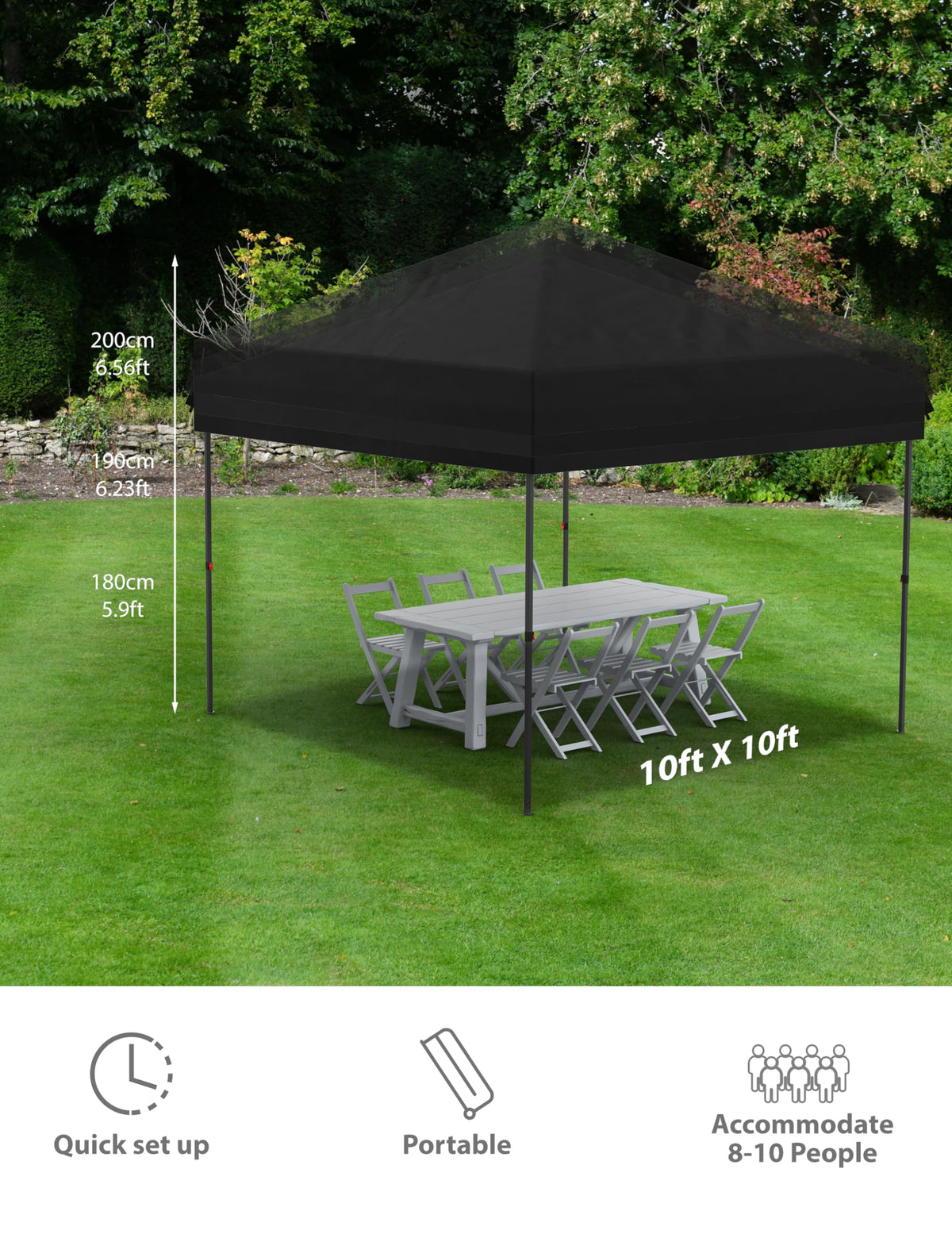 10'x10' Pop up Canopy Tent with 210 D Oxford Fabric, Portable Instant Commercial Canopy Including 4Pcs Sidewalls 4 Stakes 4 Ropes 4 Sandbags for Farmers' Market, Patio, Outdoor, Camping-Black