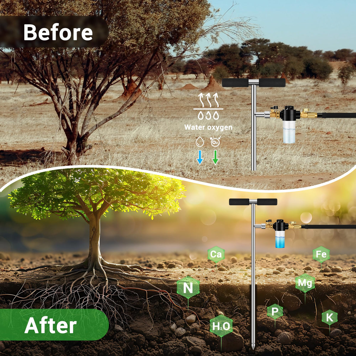 Deep Root Watering Tool for Trees Watering Spike with Fertilizer Bottle | Stainless Steel Root Feeder for Trees Irrigation System for Outdoor Garden, Plant & Shrubs Growth with Brass Valve | T-Handle
