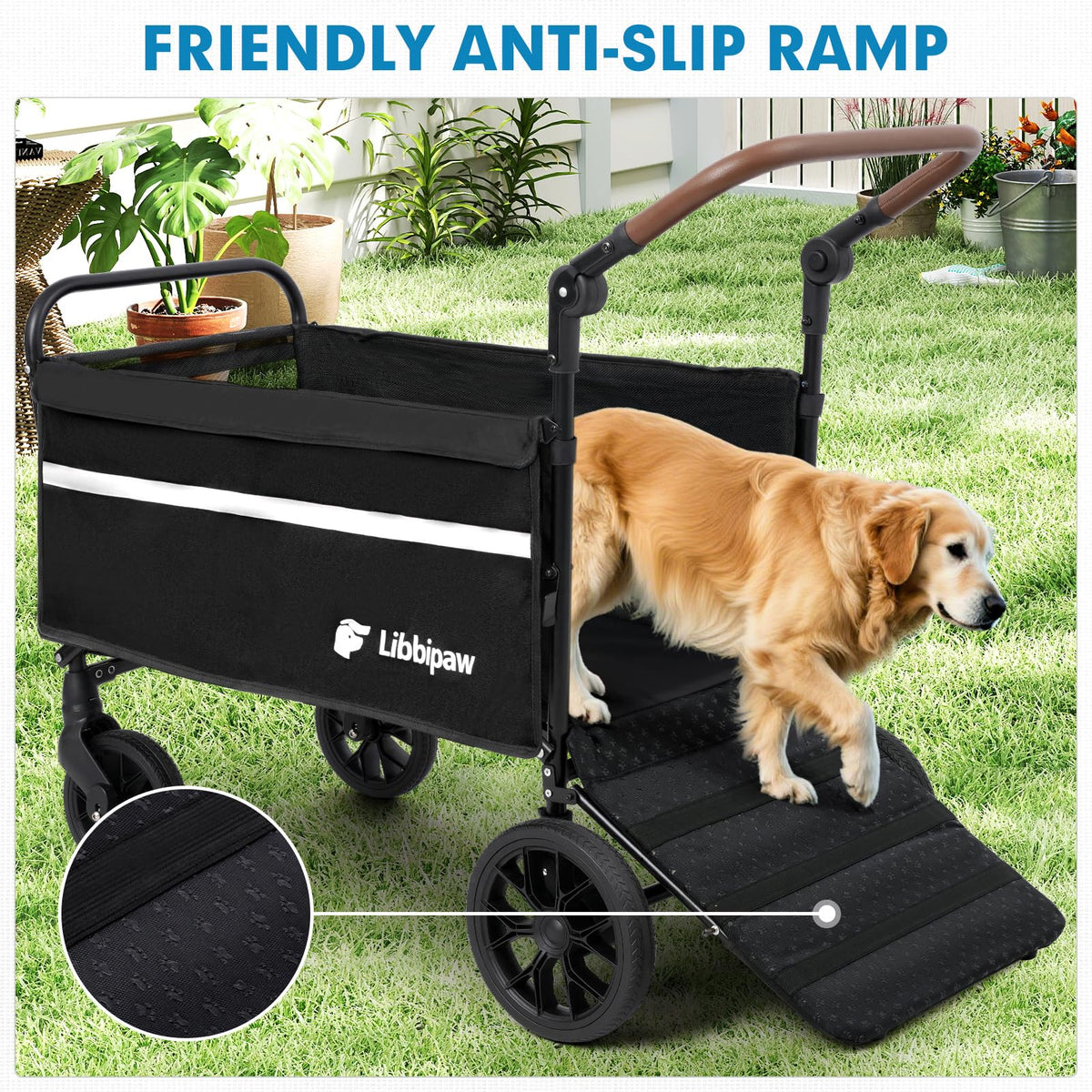 Libbipaw Dog Wagon for Medium & Large Dogs, Foldable All-Terrain Dog Stroller Wagon with Ramp, Adjustable Handle, One-Step Brake, Heavy Duty Pet Wagon (Black)