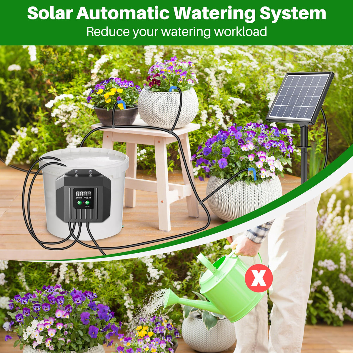 Biling 3W Solar Drip Irrigation System, Digital Programmable Smart Watering Kit with 2200mAh Battery for 15 Potted Plants Indoor/Outdoor Use