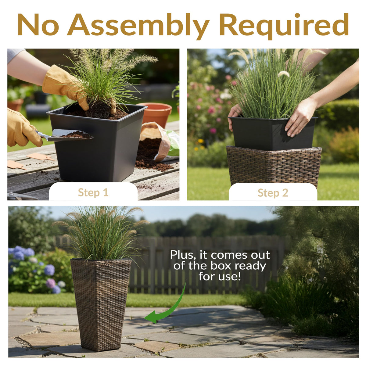 Sunnydaze Square Tall Wicker Outdoor Planter Set of 2 - Polyrattan Large Outdoor Planters for Porch, Patio or Garden - 20" Tall Plant Pots - Brown