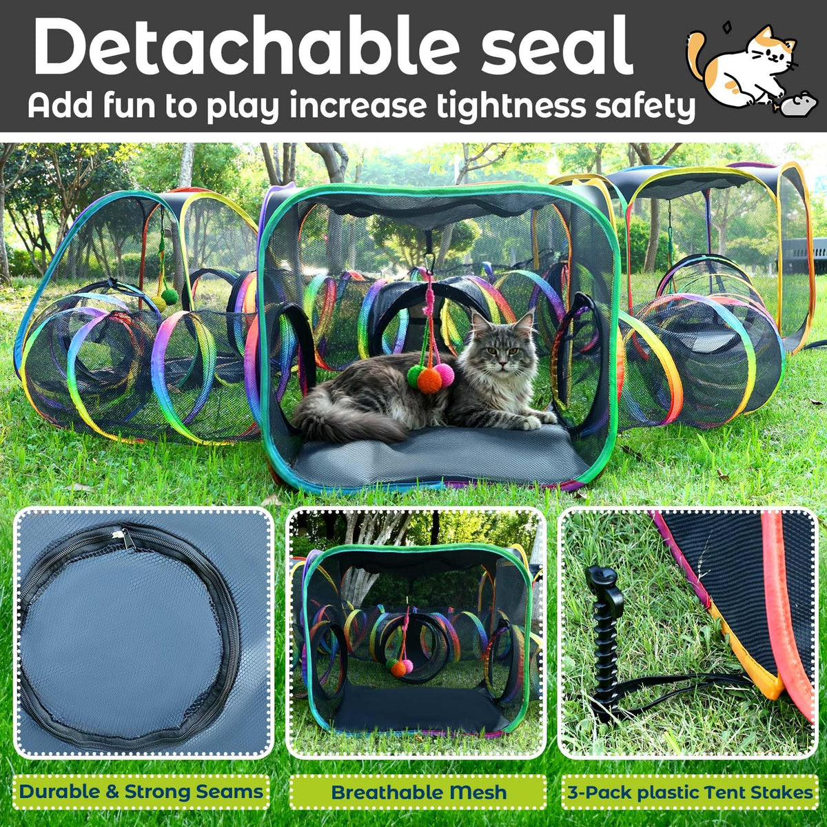 CypherX Outdoor Rainbow Cat Enclosure, 7-in-1 Portable Pop Up Cat Tents and Tunnels for Outside, Outdoor Catio Mesh Pet Playpen House, Large Playground for Large Cats and Other Animals