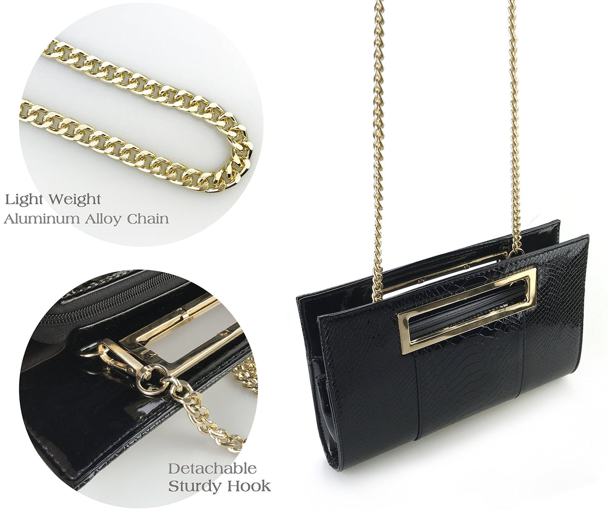 HOXIS Classic Crocodile Pattern Faux Patent Leather Metal Grip Cut it out Clutch with Shoulder Strap Womens Handbag(Black)