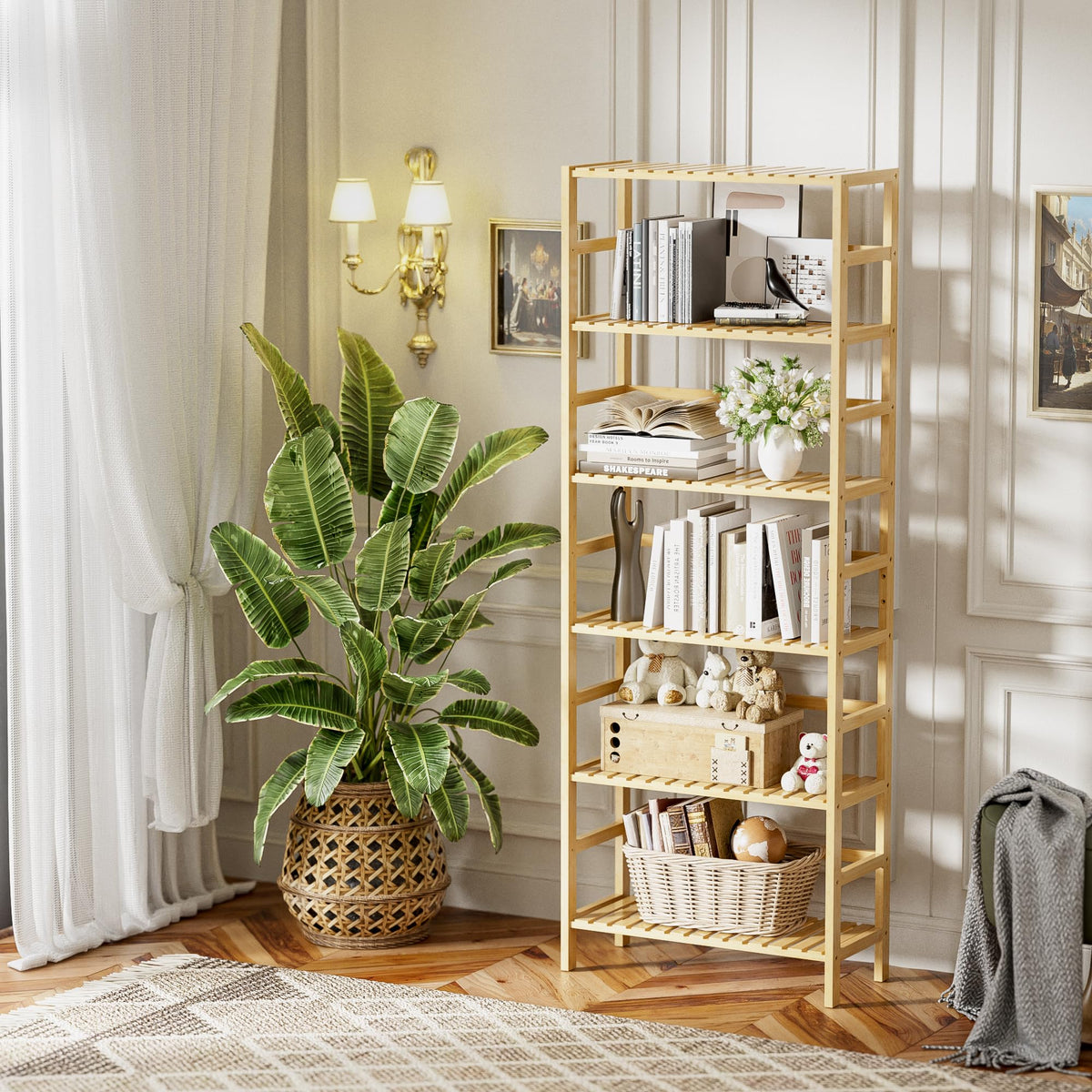 HITNET Bamboo Shelf, 6-Tier Adjustable Tall Open Bookcase, Bathroom Storage Rack Freestanding Shelving Unit, Plant Display Stand for Small Space, Natural