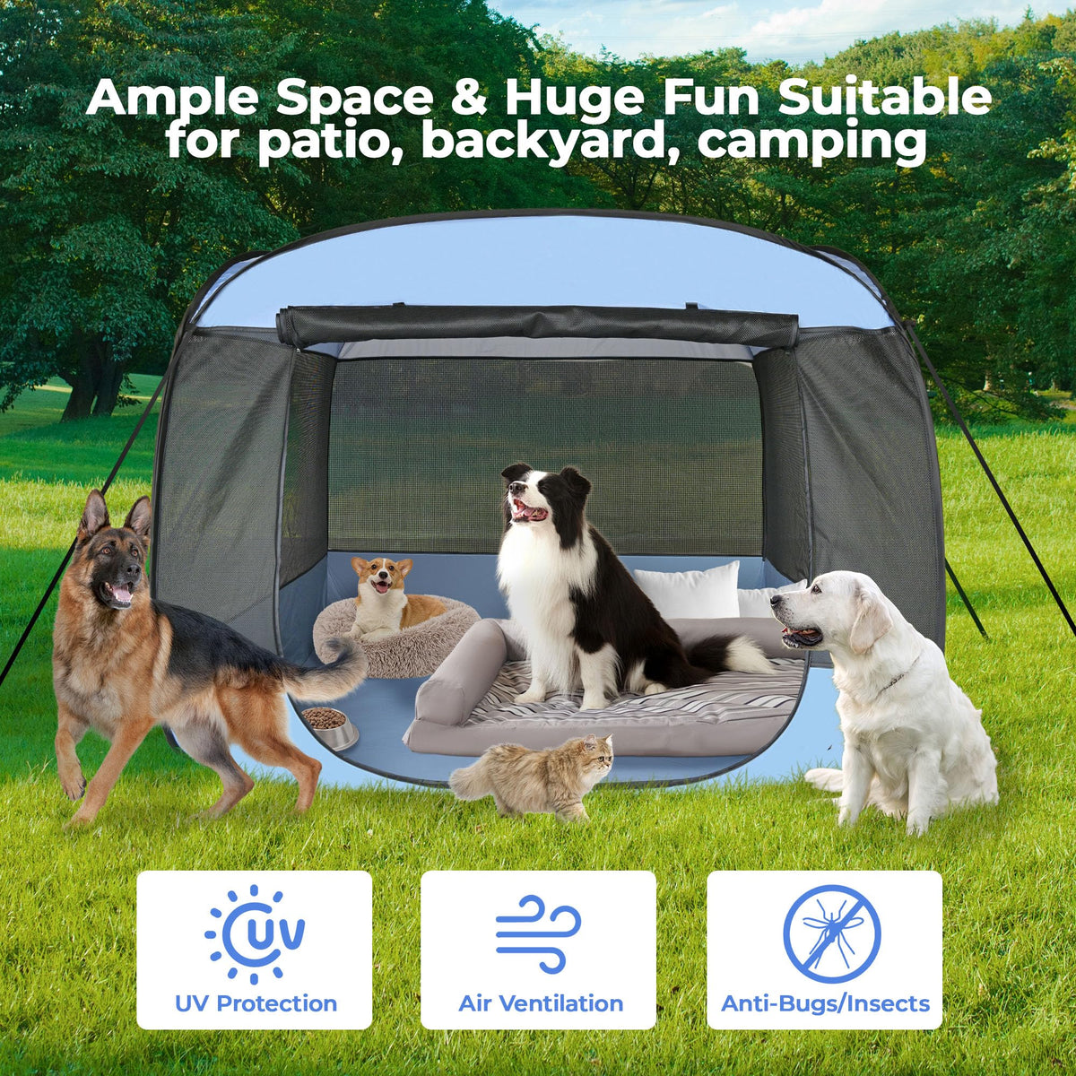 EighteenTek XLarge Popup Portable Dog Houses, 5.3'x4'H Assembly-Free Gazebo-Style Dog Cot Cat Playpen Screen Pet Tent Sun Shade Shelter Dog Bed with Canopy for Outdoor, Anti-Bugs with Leakproof Bottom