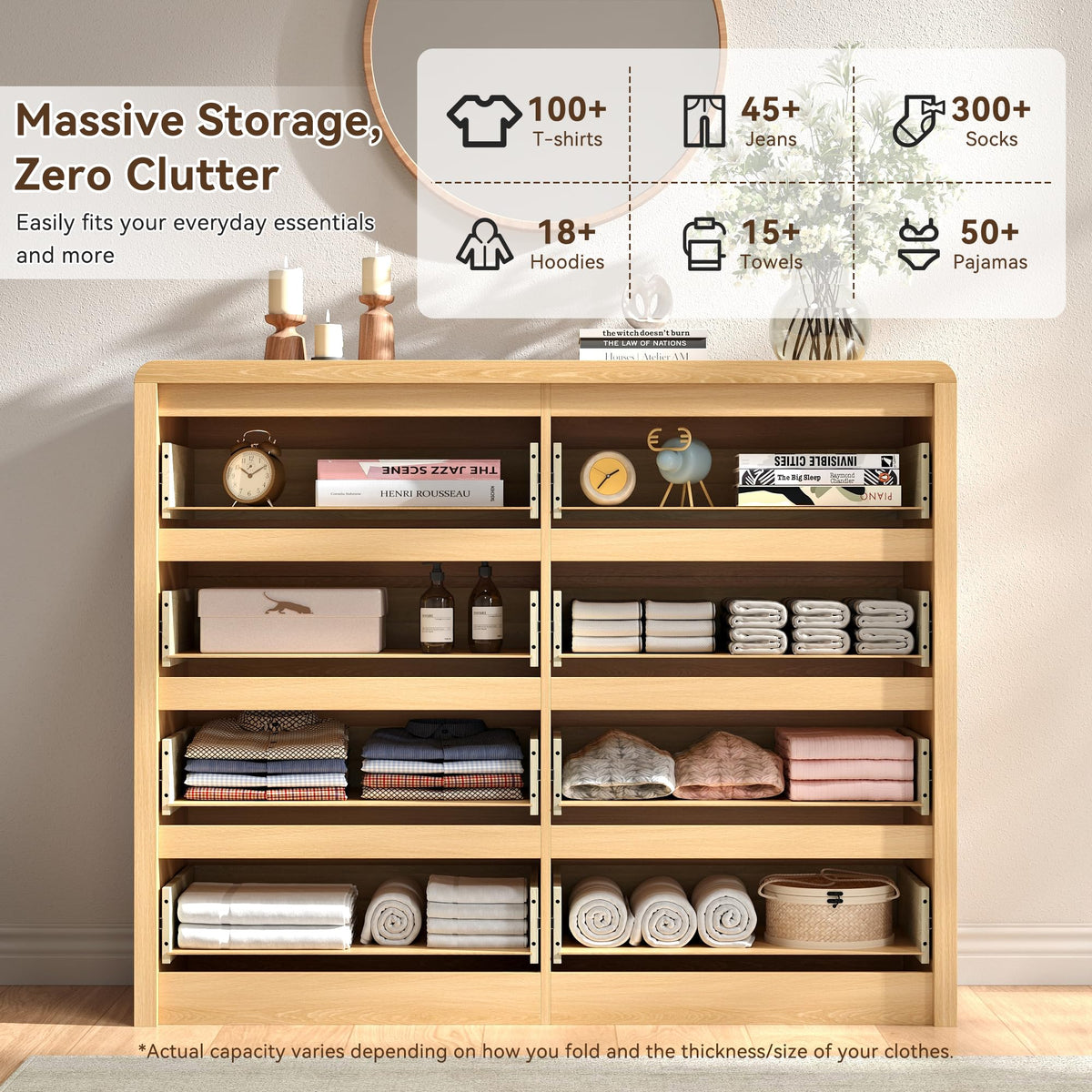 BAZELOR Fluted 8 Drawer Dresser for Bedroom, 50” Wide Modern Dresser & Chest of Drawers with Curved Profile Design, Wood Mid Century Dressers for Bedroom, Living Room, Oak