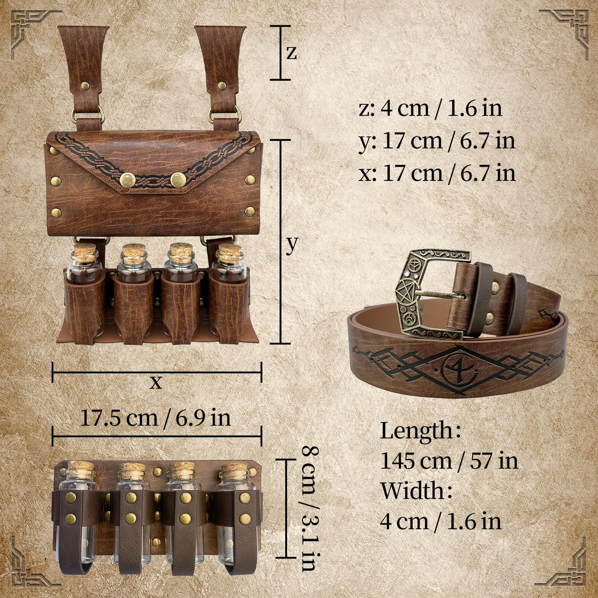 EpicCos 3 PCs Medieval Alchemy Belt Waist Pack Combo with Multiple Potion Bottles, Viking Rivet Belt Side Pouch for Cosplay (Brown C)